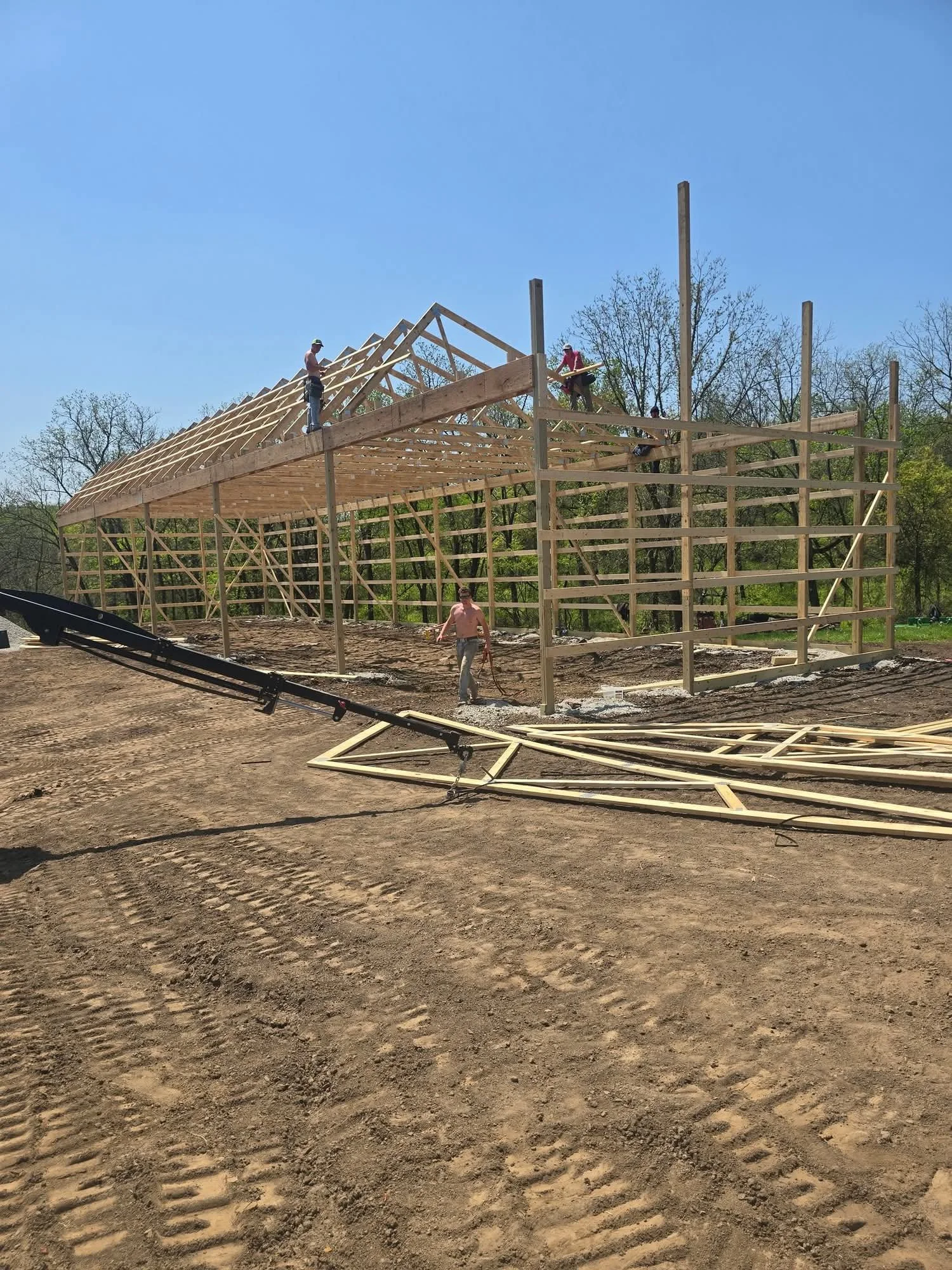 Construction workers building a wooden structure, possibly a barn or large shed, under a clear blue sky. They are working on the roof framework, with some standing on the roof and others on the ground.