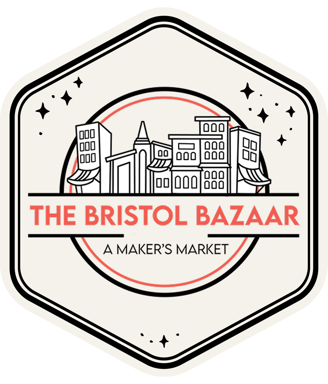 Logo for The Bristol Bazaar, a maker's market, featuring a line drawing of buildings and stars.