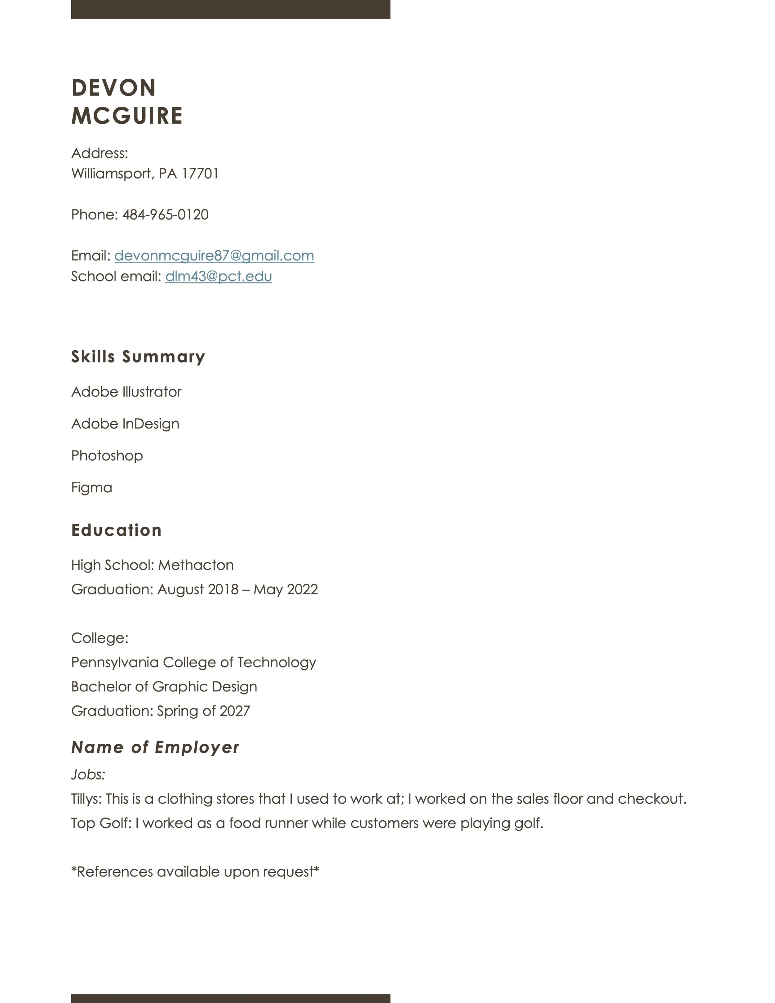 A resume document belonging to Devon McGuire, listing skills, education, and work experience, with contact information including email, phone number, and address.
