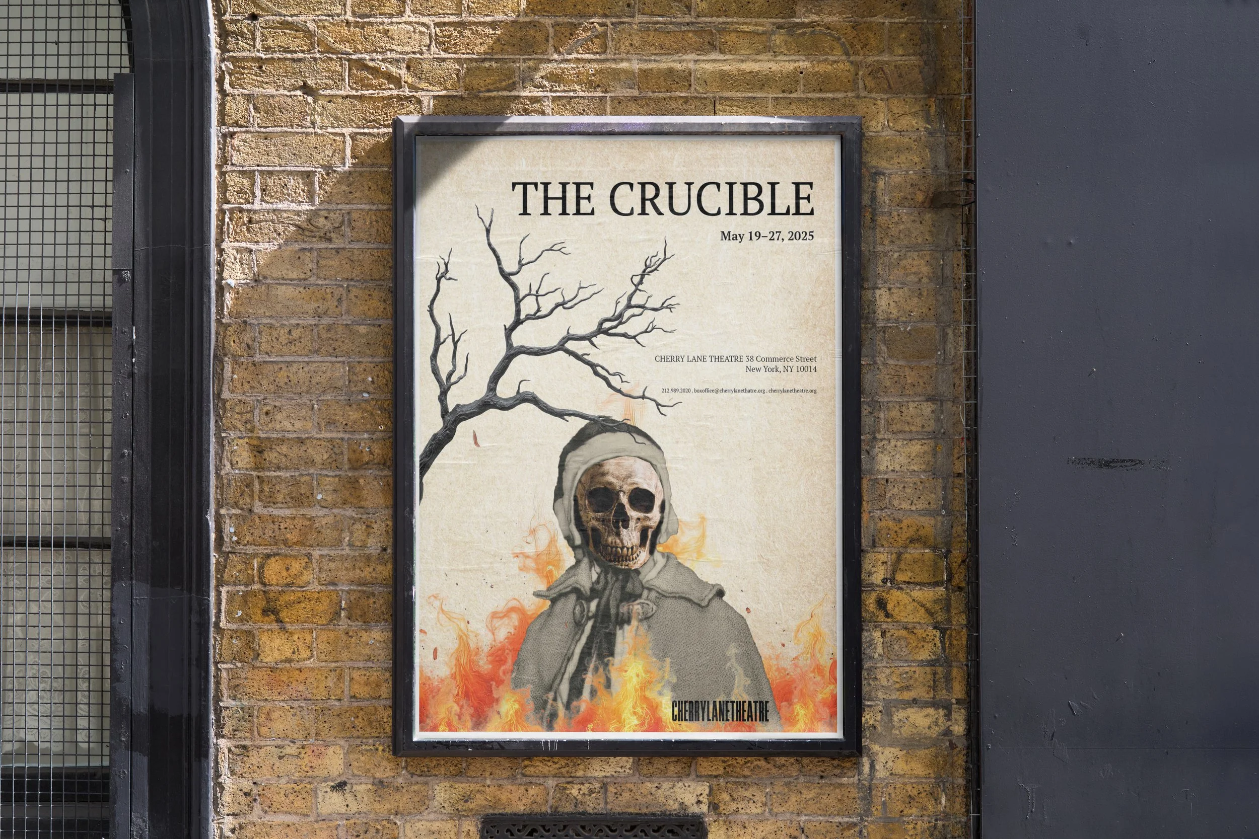 Poster for a theatrical production called "The Crucible" scheduled for May 19-27, 2025 at Cherry Lane Theatre in New York City. The poster features a drawing of a skull wearing a hooded cloak, with a barren tree in the background and flames at the bottom.