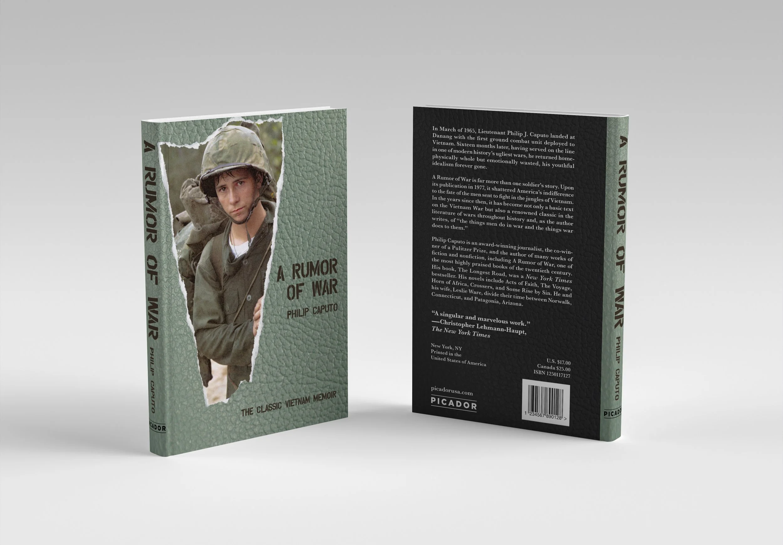Book cover of 'A Rumor of War' by Philip Caputo, featuring a young soldier in helmet on front, with torn paper effect. Back cover has synopsis and author biography on a textured black background.