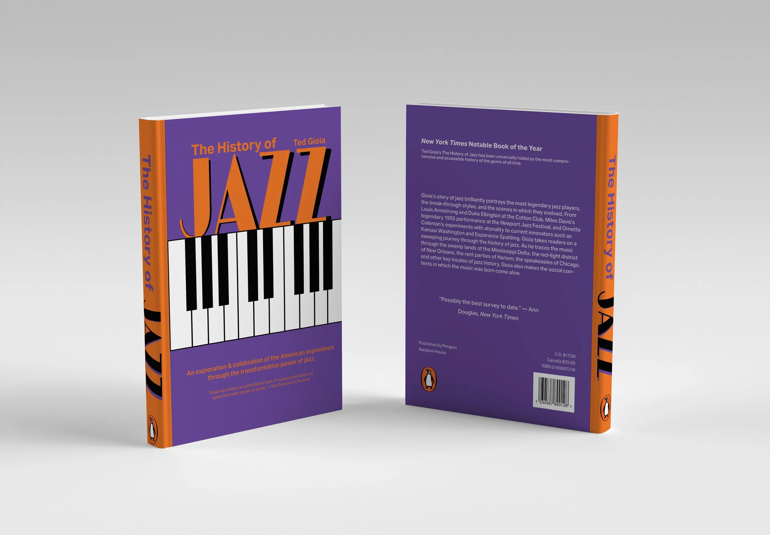 The front and back cover of a book titled 'The History of Jazz' by Ted Gioia. The front cover features a purple background with a stylized piano keyboard image and orange and black text. The back cover is purple with white text describing the book and a quote from The New York Times, along with publisher and barcode information.