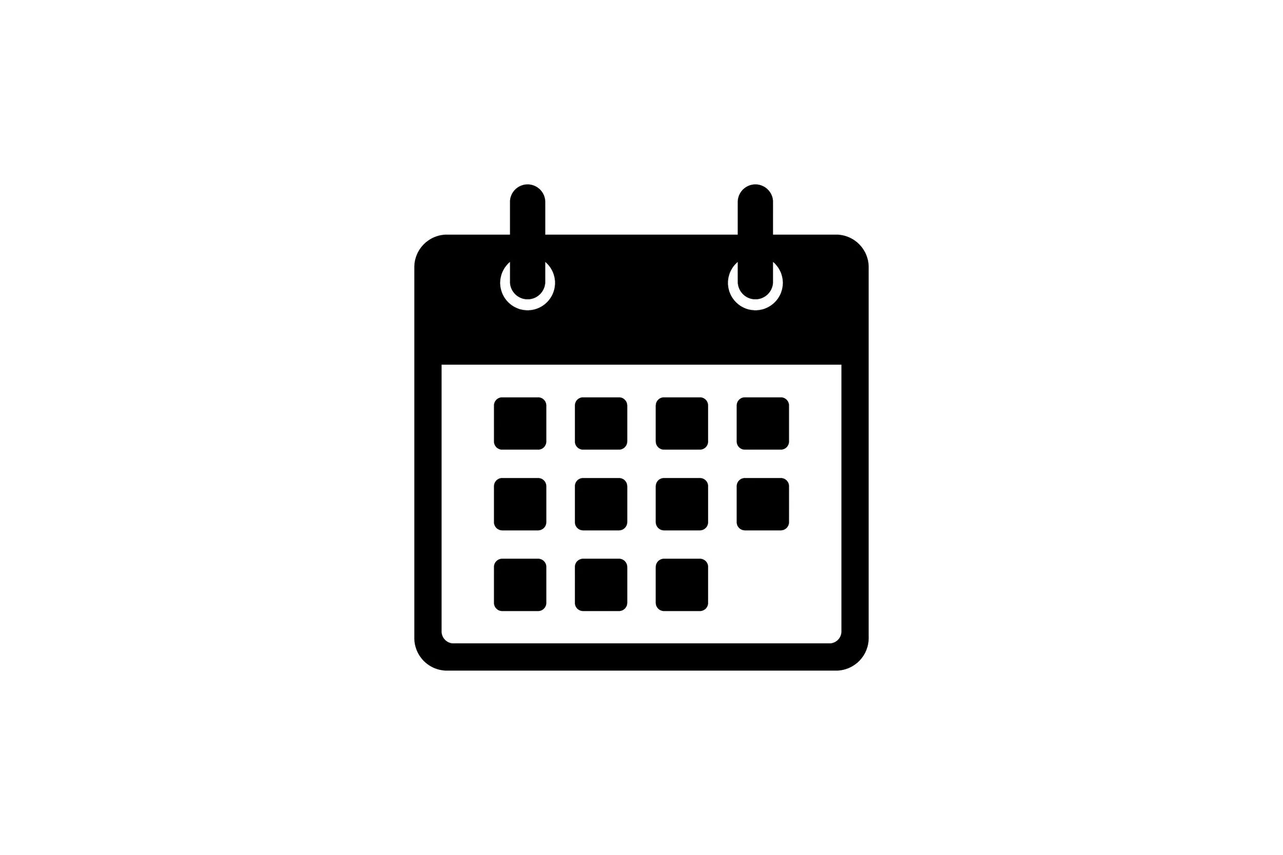 Black and white calendar icon with grid of squares representing days.