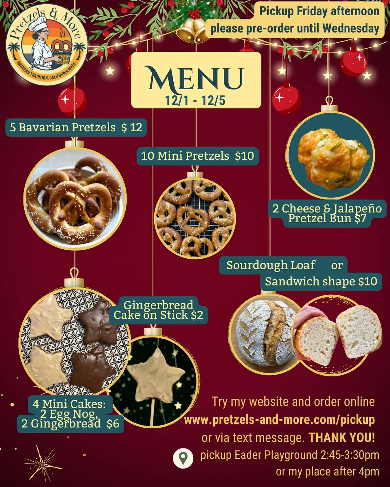 Happy Monday and kickoff to the Christmas countdown! 🎄
This week, alongside my classics, I&rsquo;ll have some special holiday treats to make the wait a little sweeter. 

📅 Order by: Wednesday evening
📍 Pickup: Friday at Eader Playground or my plac