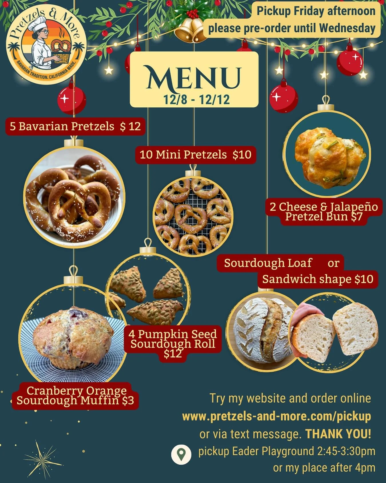 Only two more pretzel drops this year! This week I&rsquo;ll bake Cranberry Orange Sourdough Muffins. Pre-orders by Wednesday evening please.