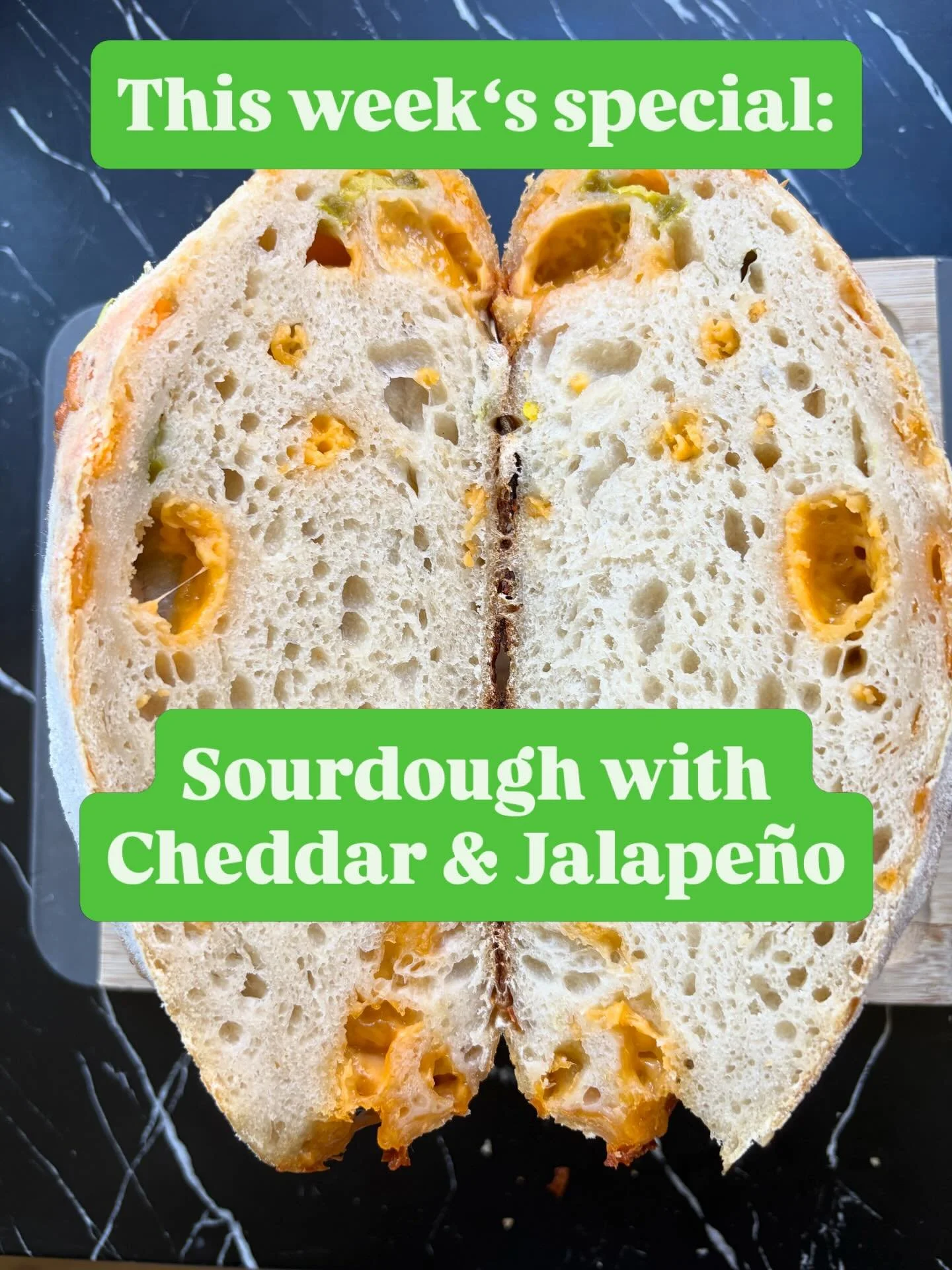 Bread of the week: Cheddar Jalape&ntilde;o Sourdough 🧀🌶️

Golden cheddar, a hint of jalape&ntilde;o heat, and slow fermented sourdough goodness.

If you love a little kick in your bread, this one&rsquo;s for you.

Order by Wednesday evening for Fri