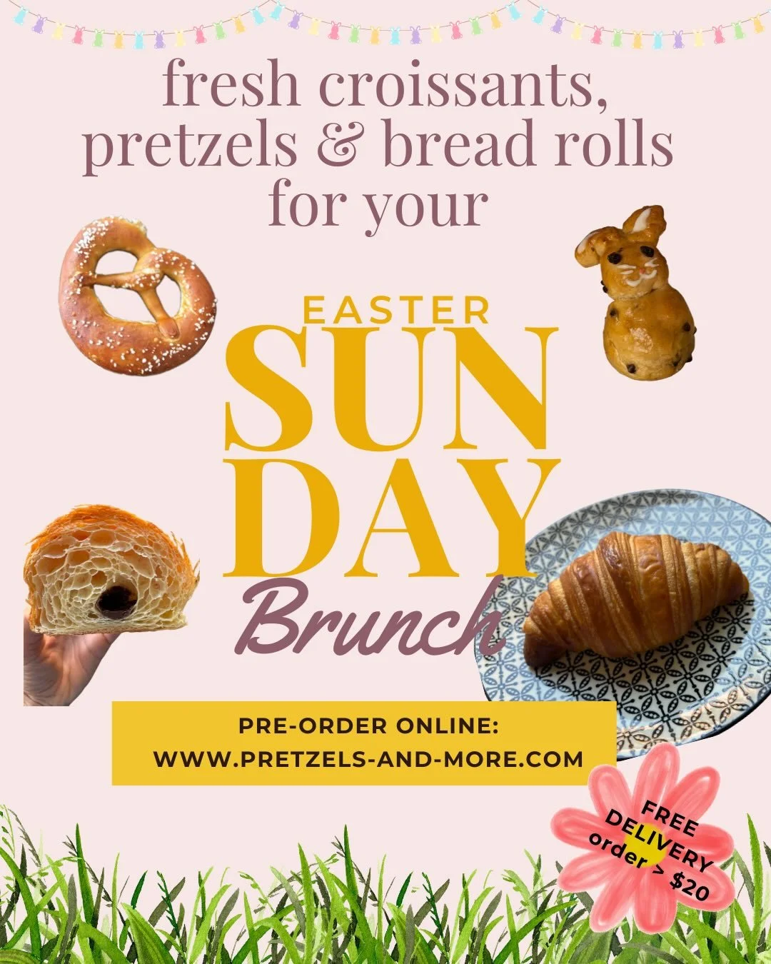 Easter Sunday brunch is calling 🌸🐣

Enjoy a cozy Sunday breakfast or brunch with freshly baked croissants, soft pretzels, and a selection of homemade treats.

Get it delivered straight to your doorstep (free on orders over $20) or stop by for picku