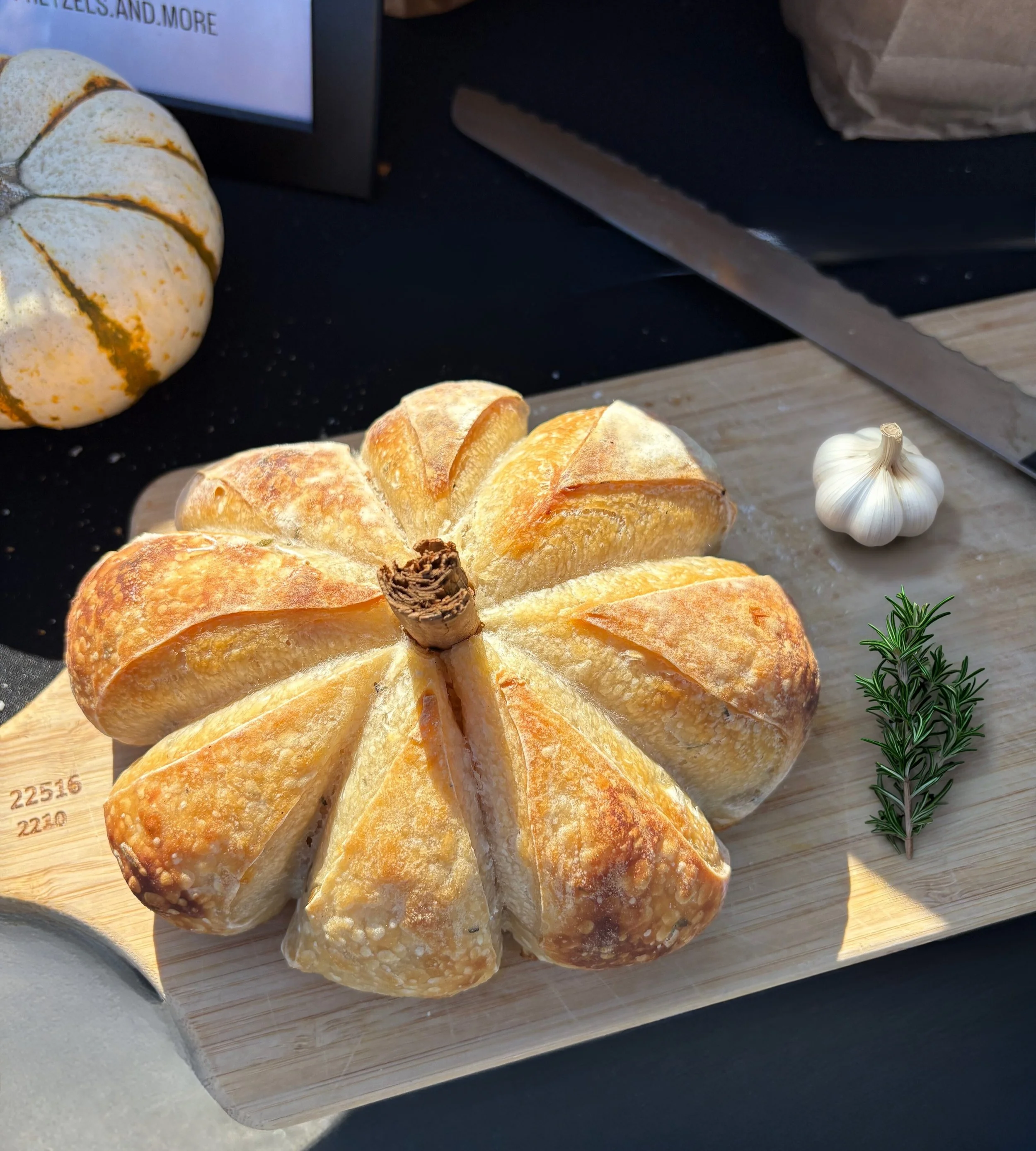 Pumpkin-shaped Roasted Garlic & Rosemary Sourdough Loaf