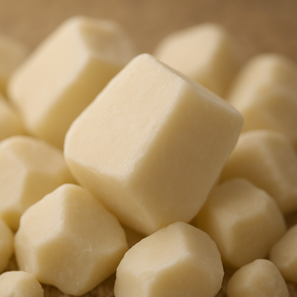 White deodorised cocoa butter cubes close-up — neutral-aroma ingredient for confectionery and cosmetics.