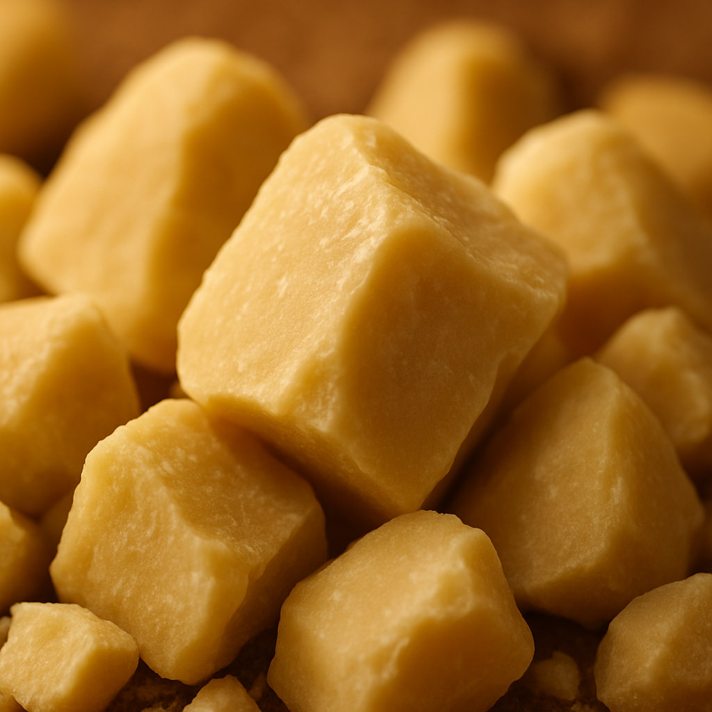 Yellow cocoa butter chunks close-up — natural, food-grade fat from cocoa beans.