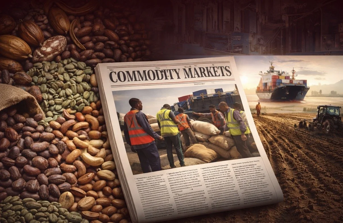 Global commodity markets collage showing cocoa beans, agricultural farming, African workers loading goods, and cargo shipping representing agricultural trade and supply chains.
