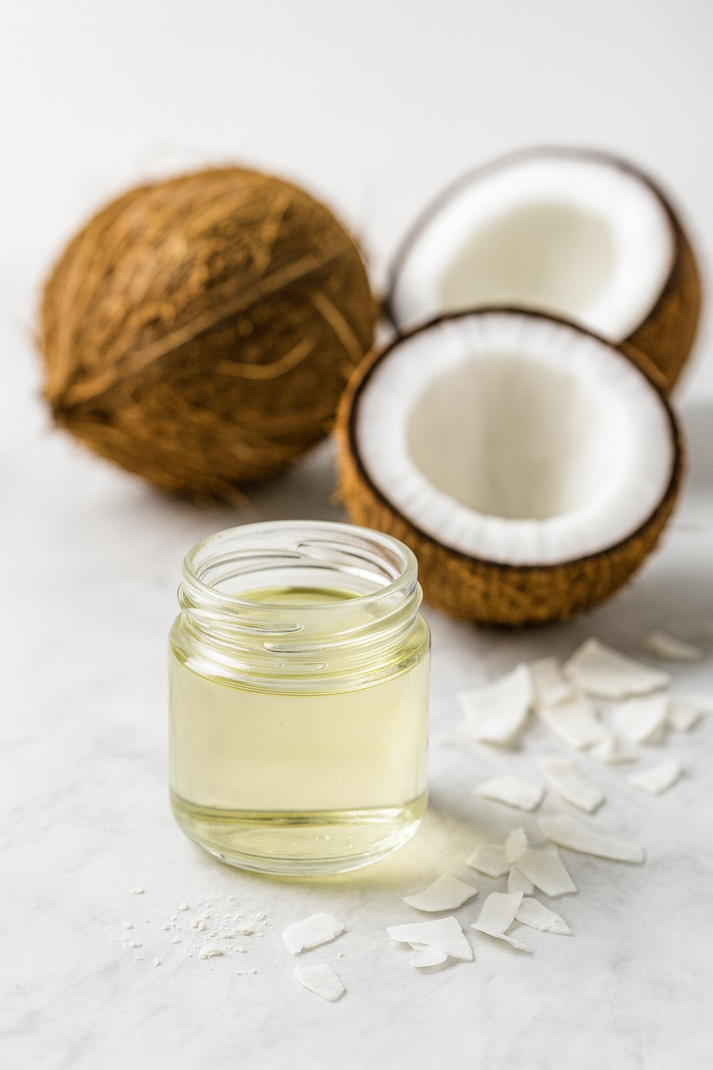 Glass jar of virgin coconut oil with coconut pieces — cold-pressed, food and cosmetic grade.