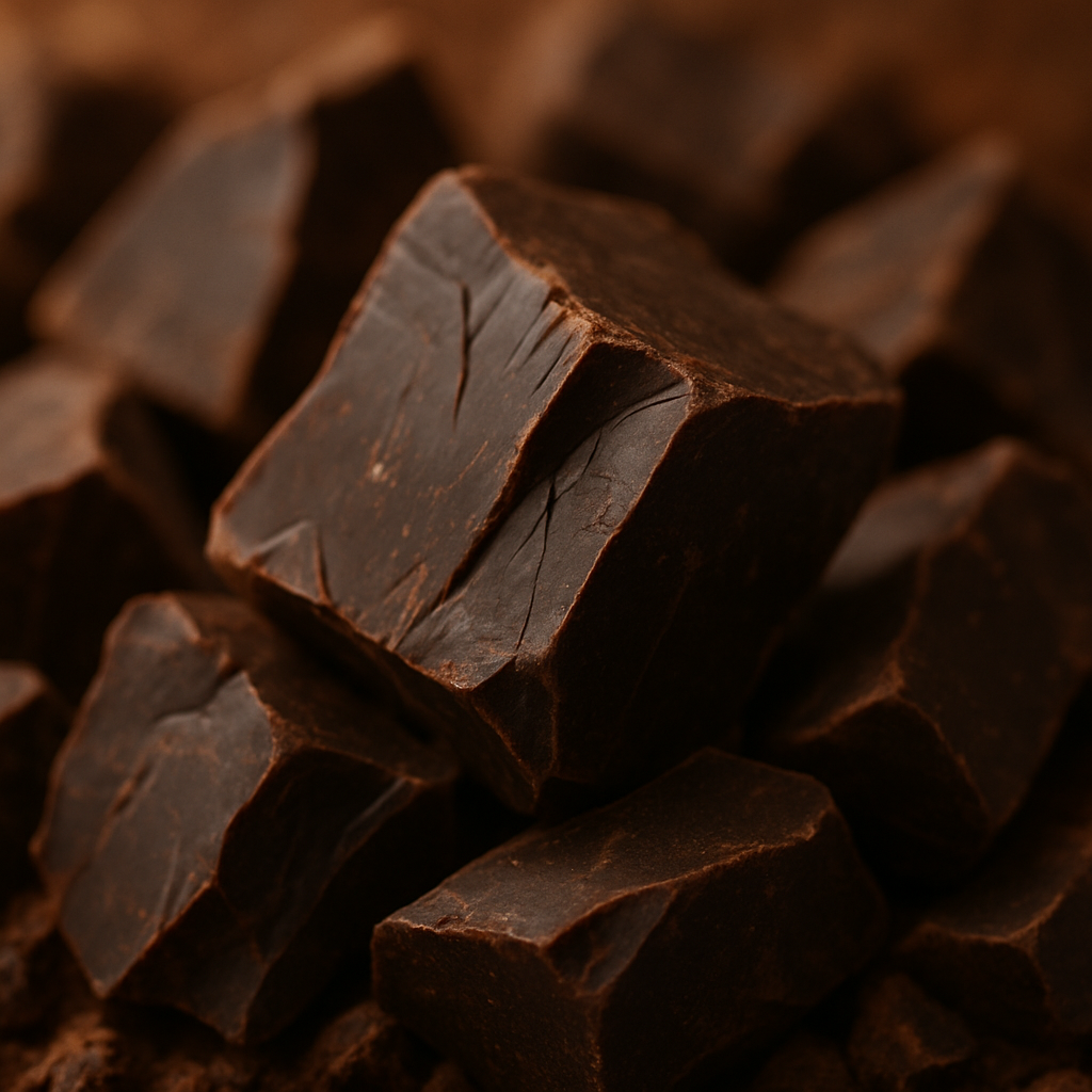 “Dark blocks of natural cocoa liquor (cocoa mass) close-up — ground cocoa nib paste.