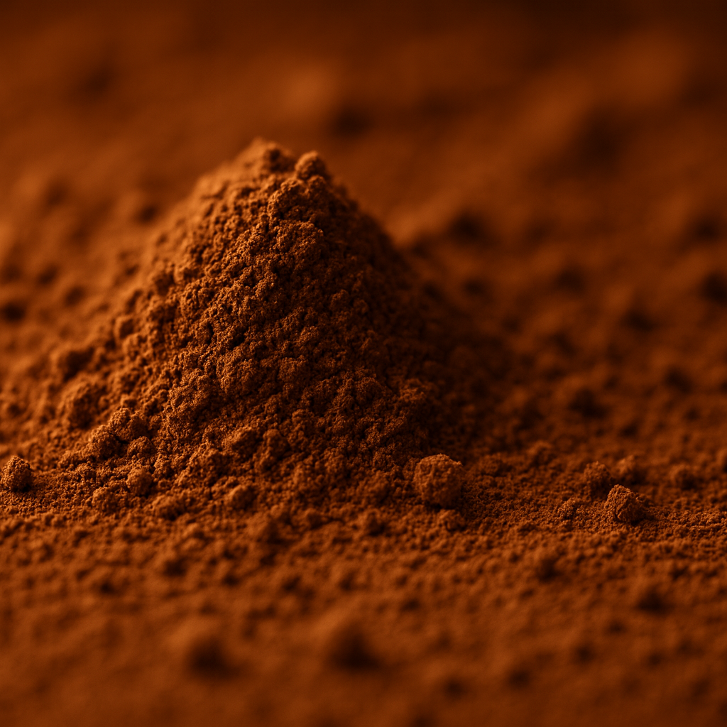 Heap of natural non-alkalised cocoa powder close-up with rich brown colour and fine texture.
