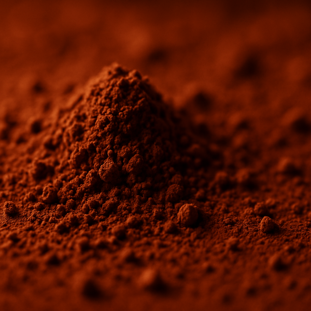eap of dark alkalised (Dutch-processed) cocoa powder close-up, fine texture for beverages and baking