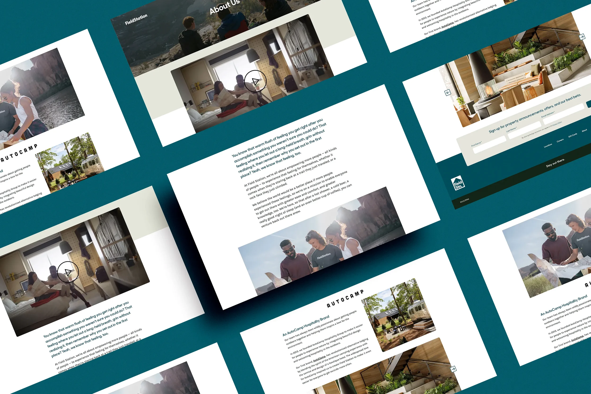 Clean website design showing an about us page featuring a video and blurb about the parent company Autocamp