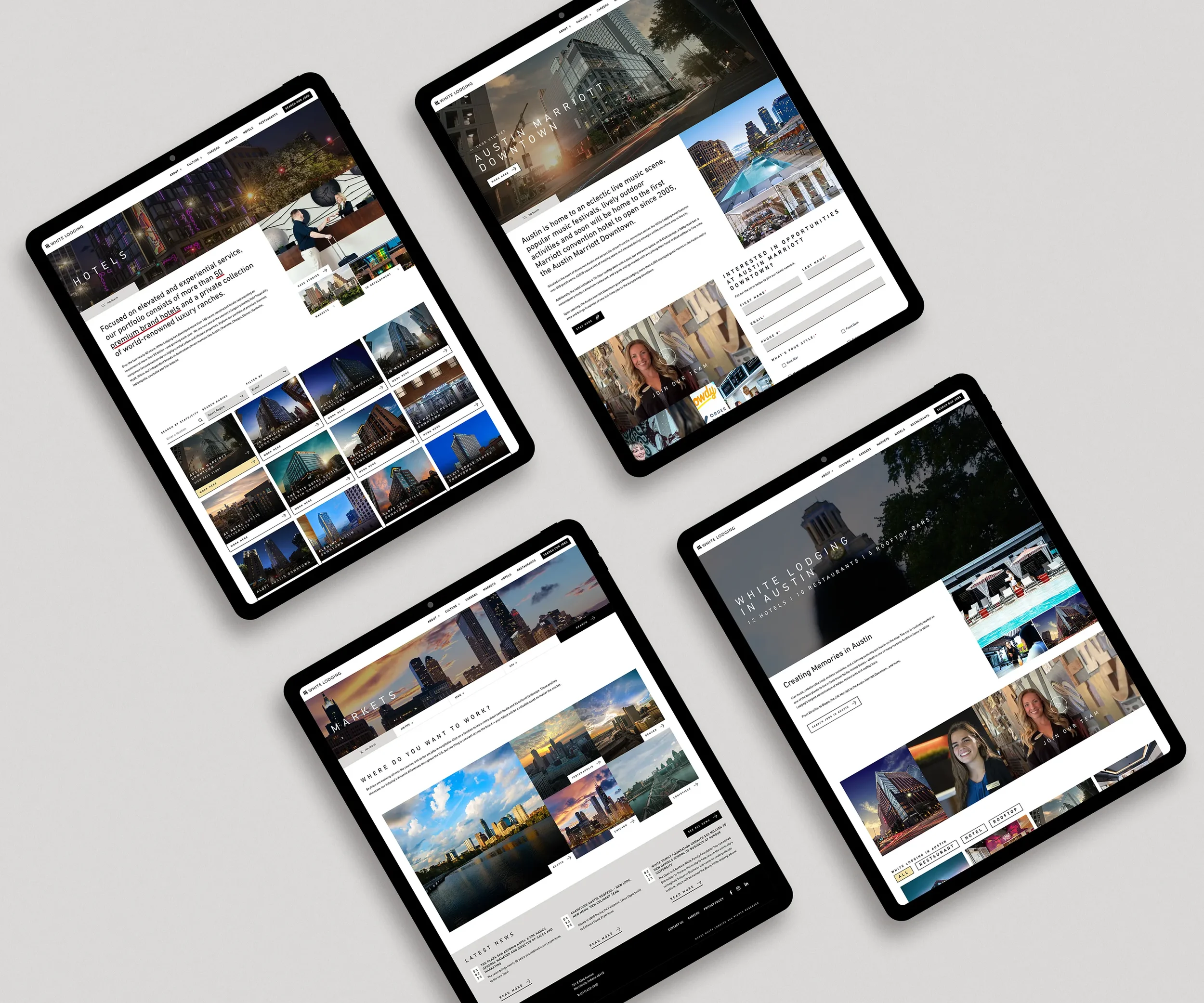 Website designs on 4 iPads showing hotels, markets, and the Austin Marriott Downtown