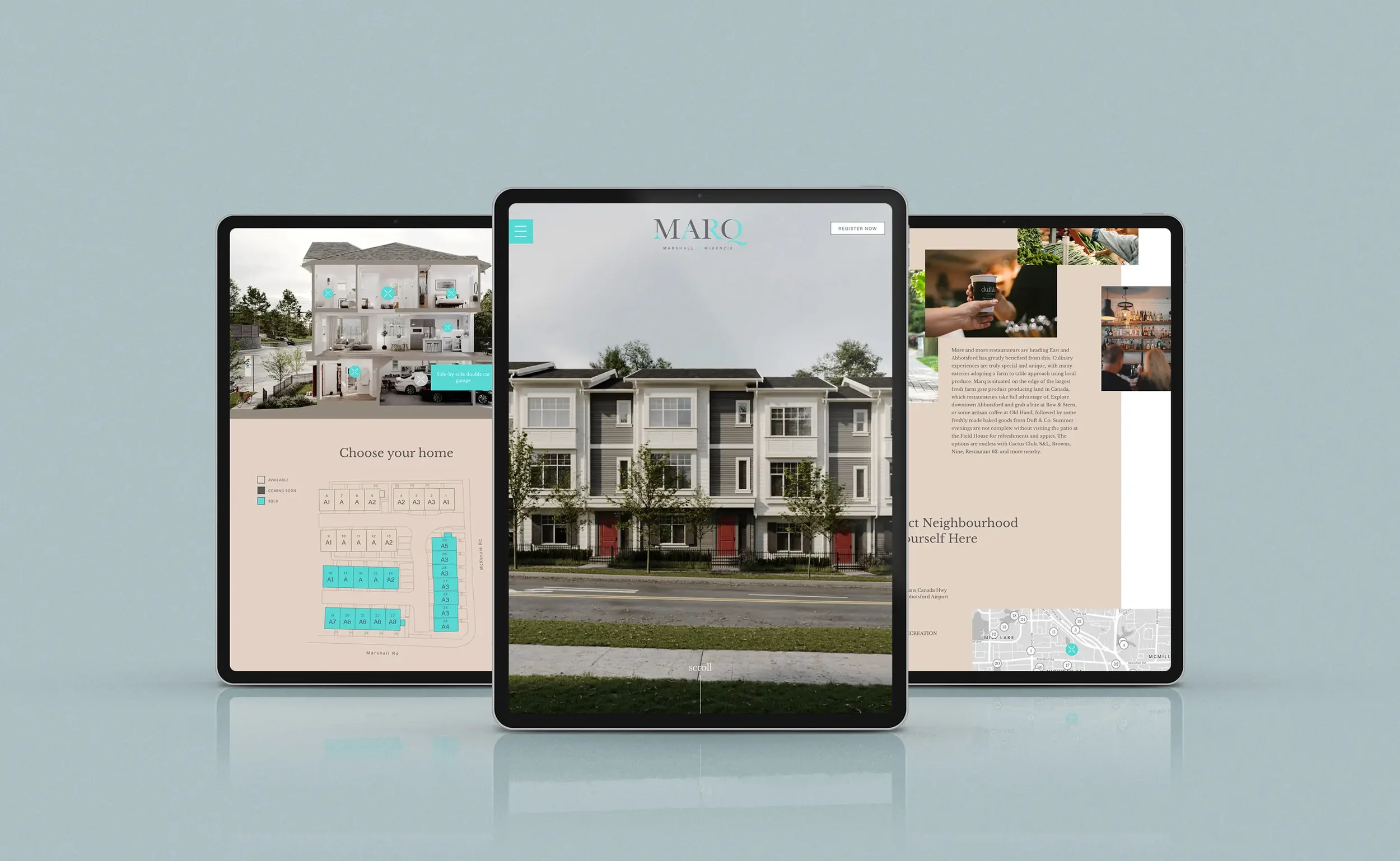 Marq rowhomes microsite shown on three iPads