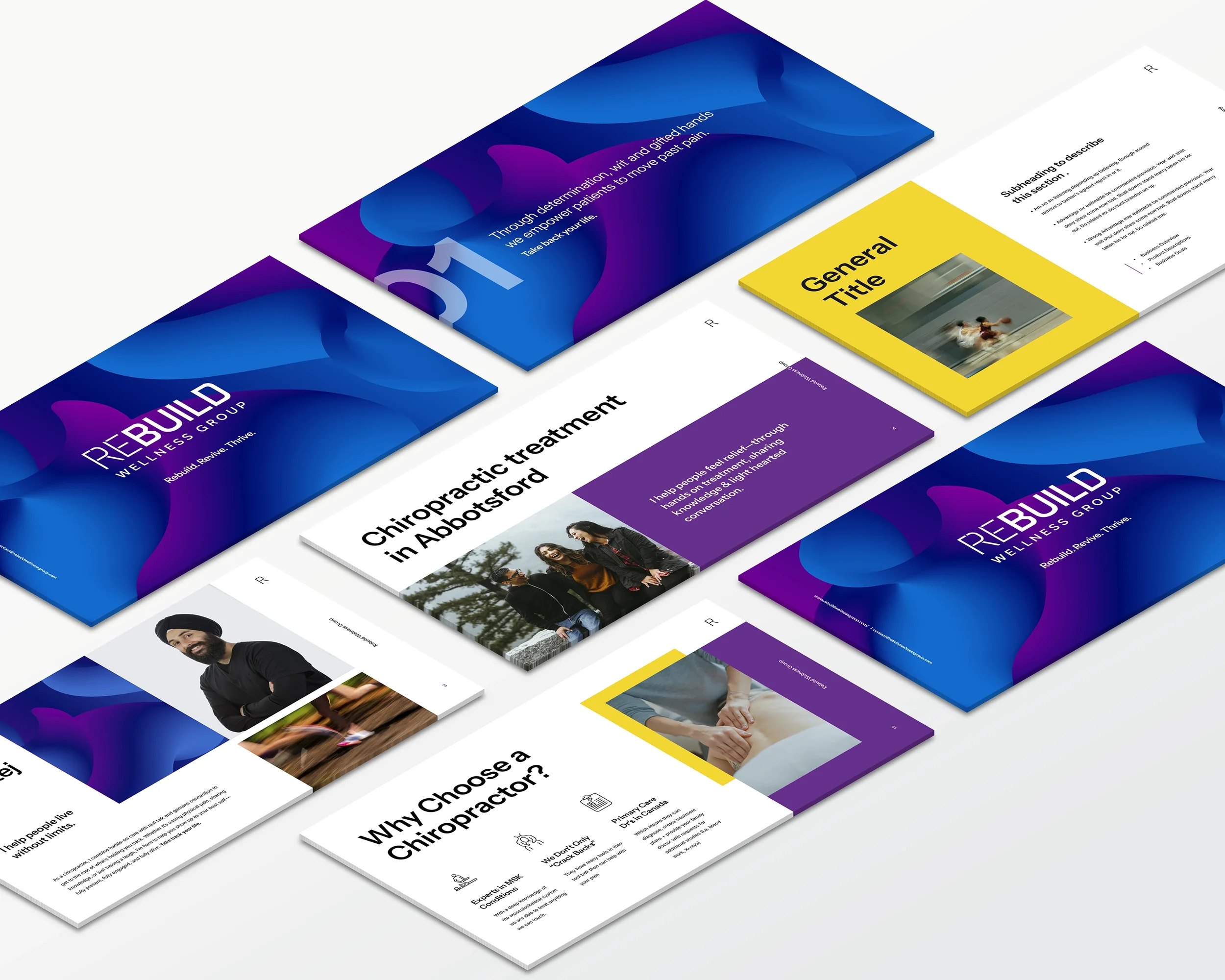 A collection of a wellness group's promotional materials including brochures and flyers with blue, purple, yellow, and white color schemes, images of people and massage therapy, and different texts about chiropractic care in Abbotsford.