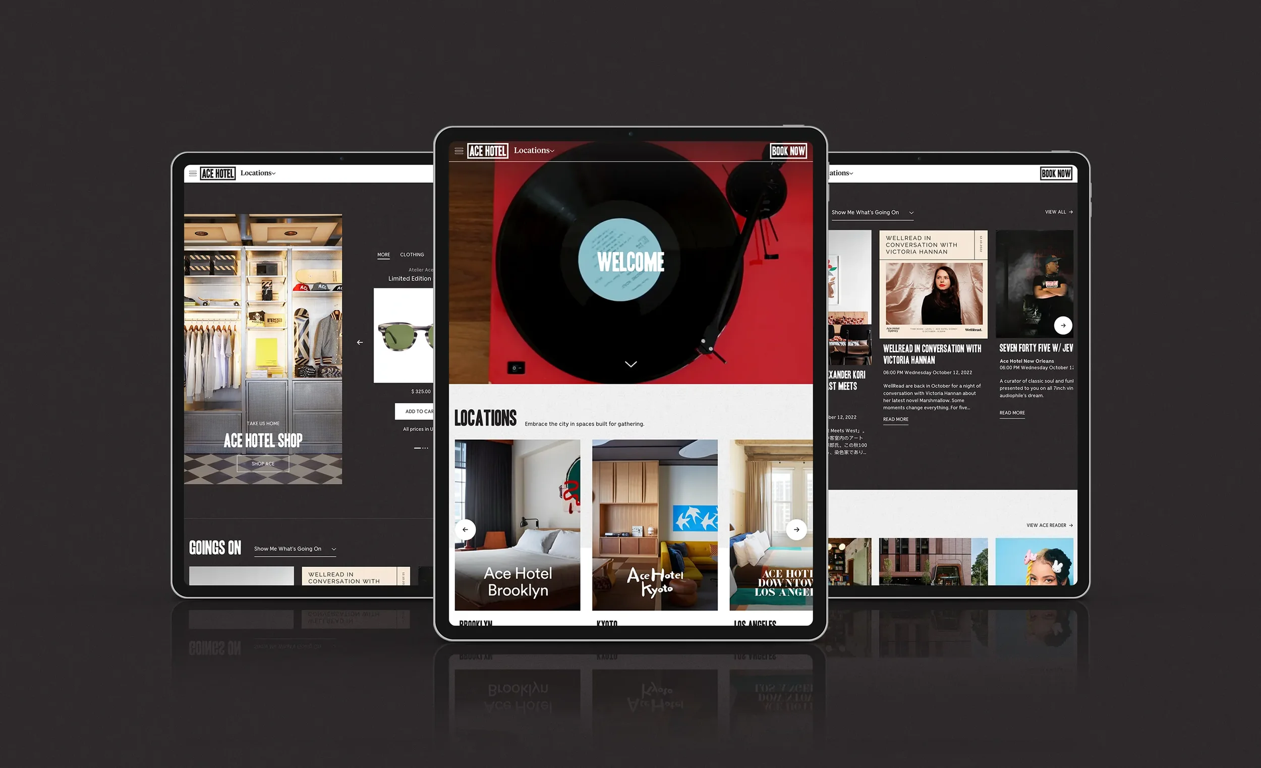 Ace Hotel homepage displayed on 3 iPads that show the header area, the Ace Hotel Shop showcasing sunglasses, and an event's section
