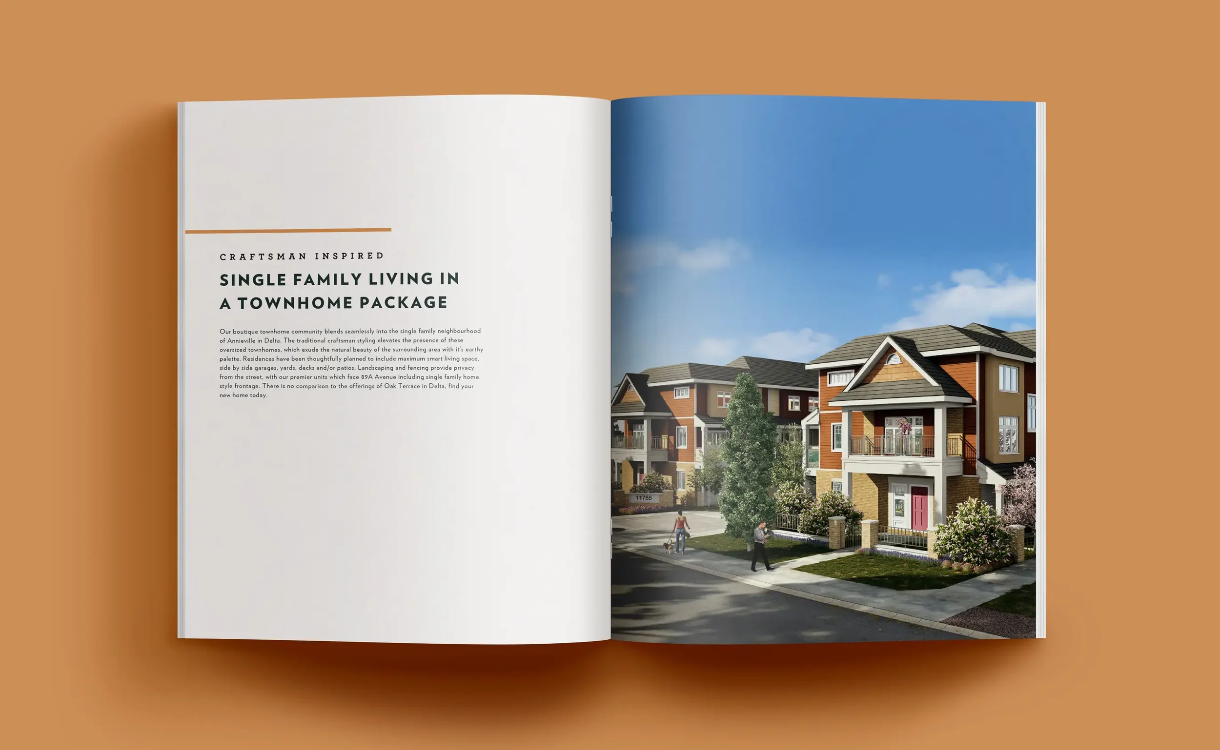 Inside Spread of brochure showing exterior rendering and talking about how the homes are Craftsman Inspired