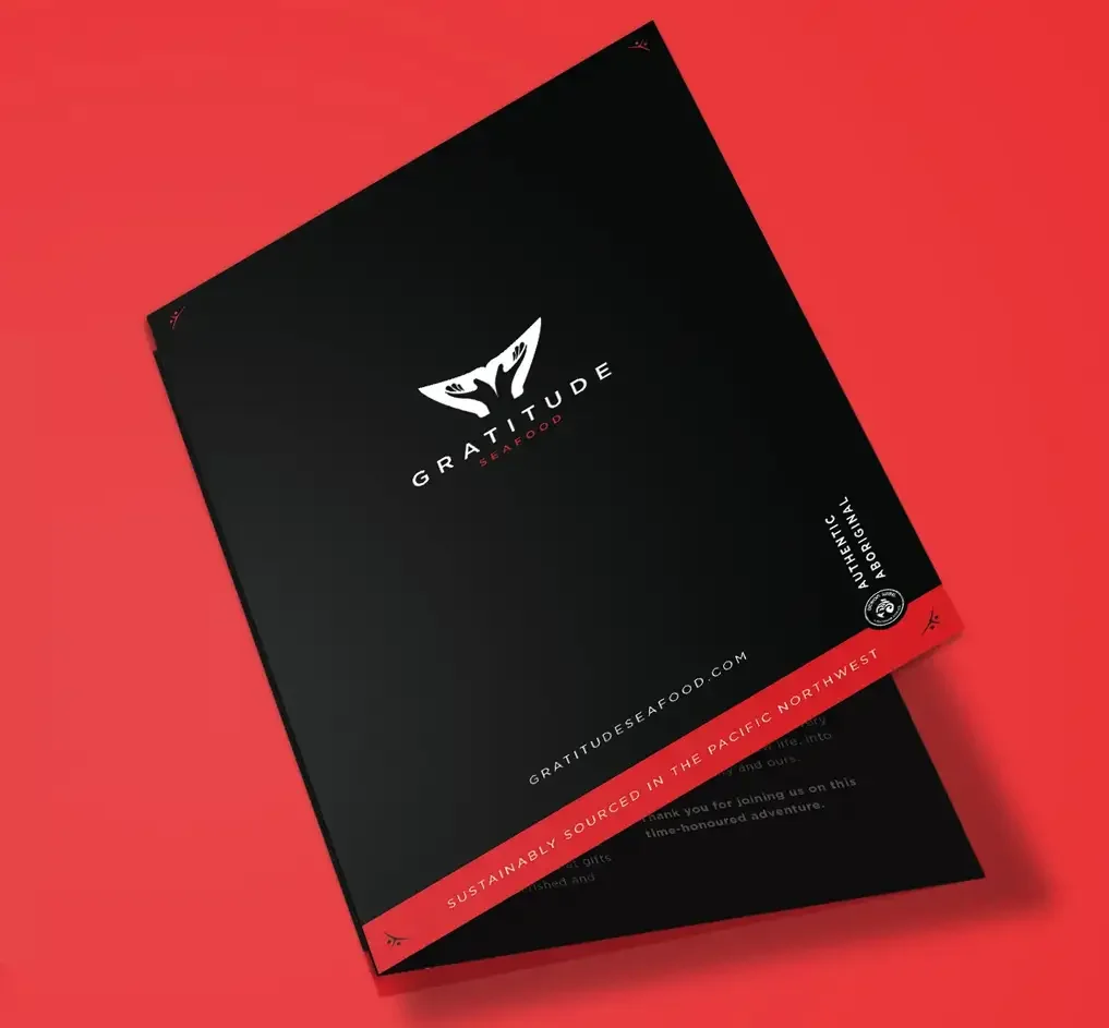 Cover of a Z fold brochure promoting Gratitude Seafood