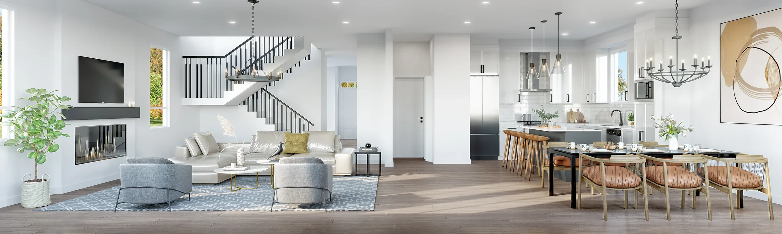 Panoramic interior rendering showing the main floor and stairs, family room, dining room and kitchen.