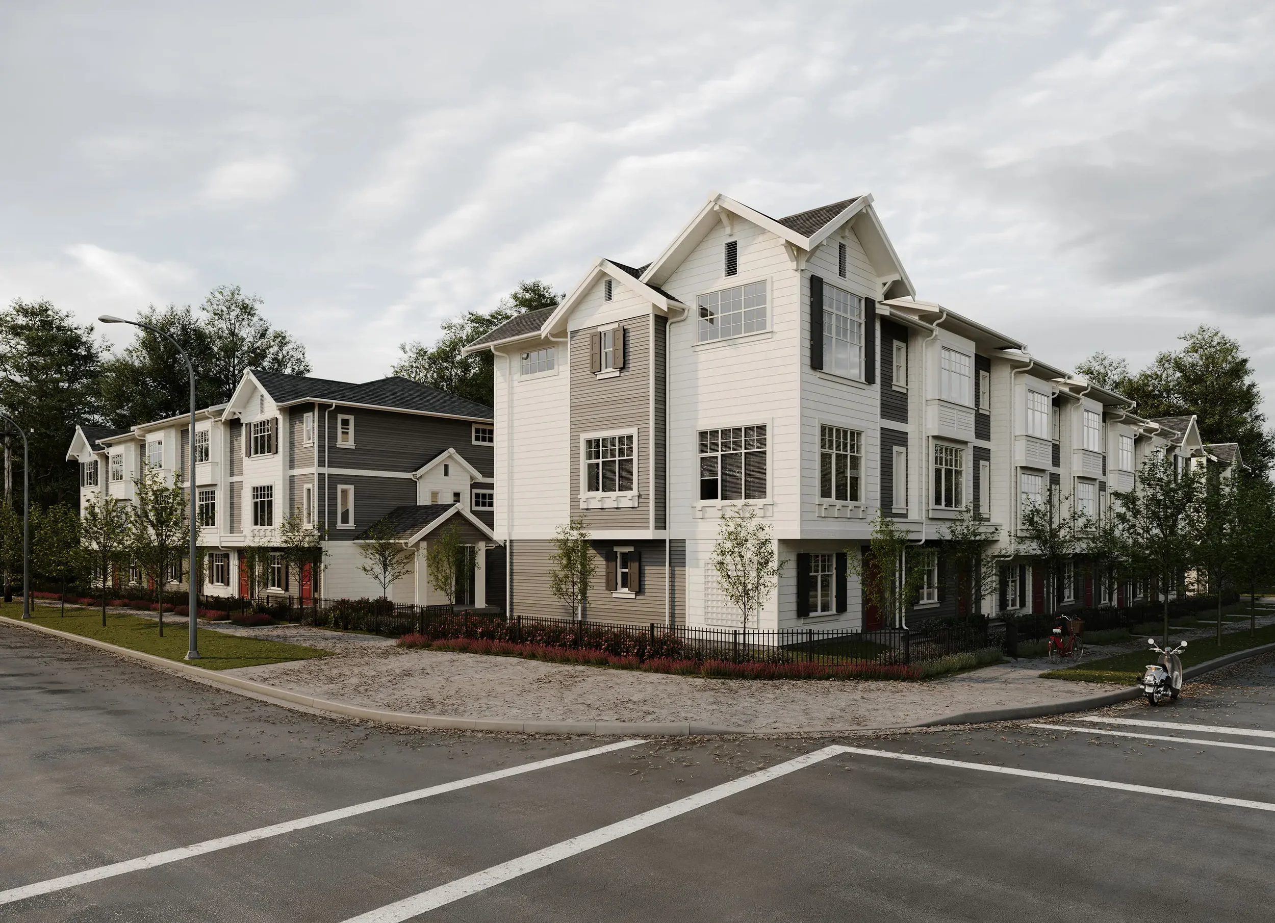 exterior rendering from the corner of Marq Rowhomes in fall, a scooter is a parked on the side of the road