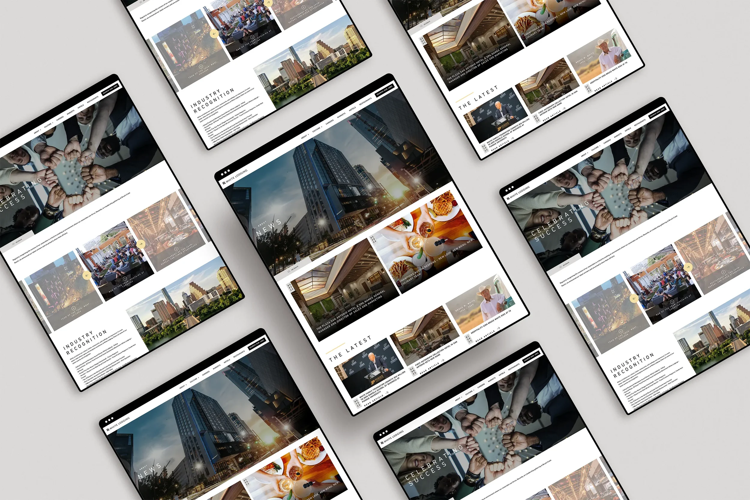 Clean website designs shown in a browser window highlighting the latest news and culture of White Lodging