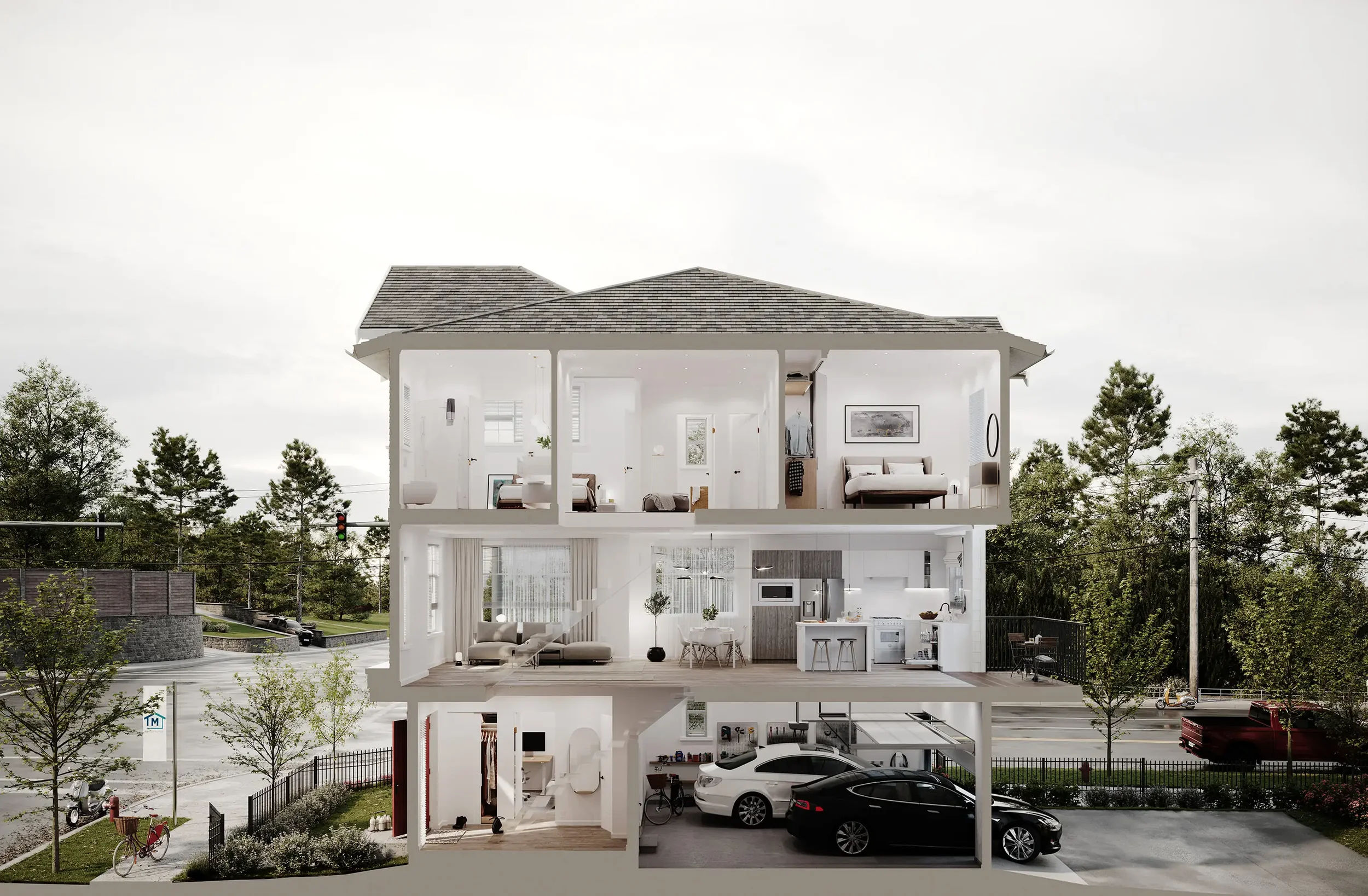 Dollhouse rendering of a townhome at Marq showing the utility of each room