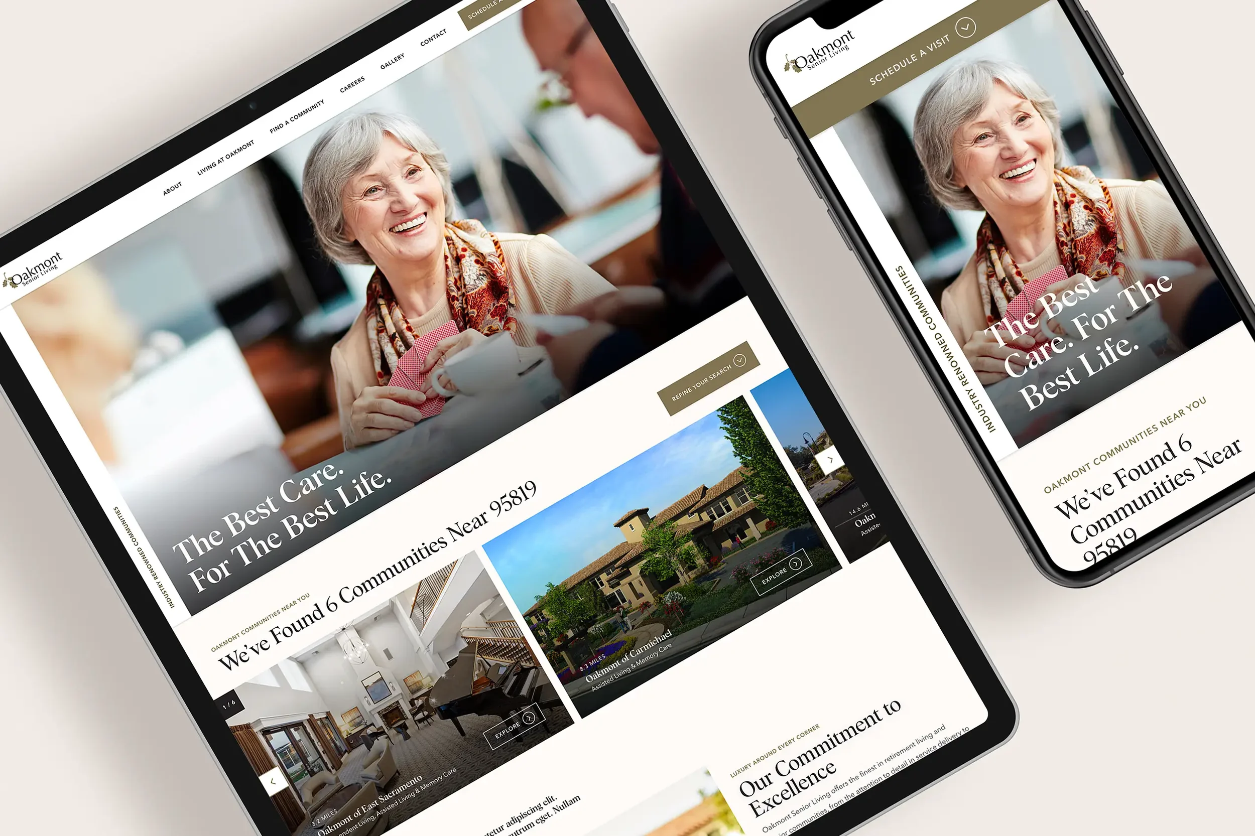 Responsive homepage design shown on iPad and iPhone, with generous white space and dark gold accents and headline "The Best Care. For The Best Life."