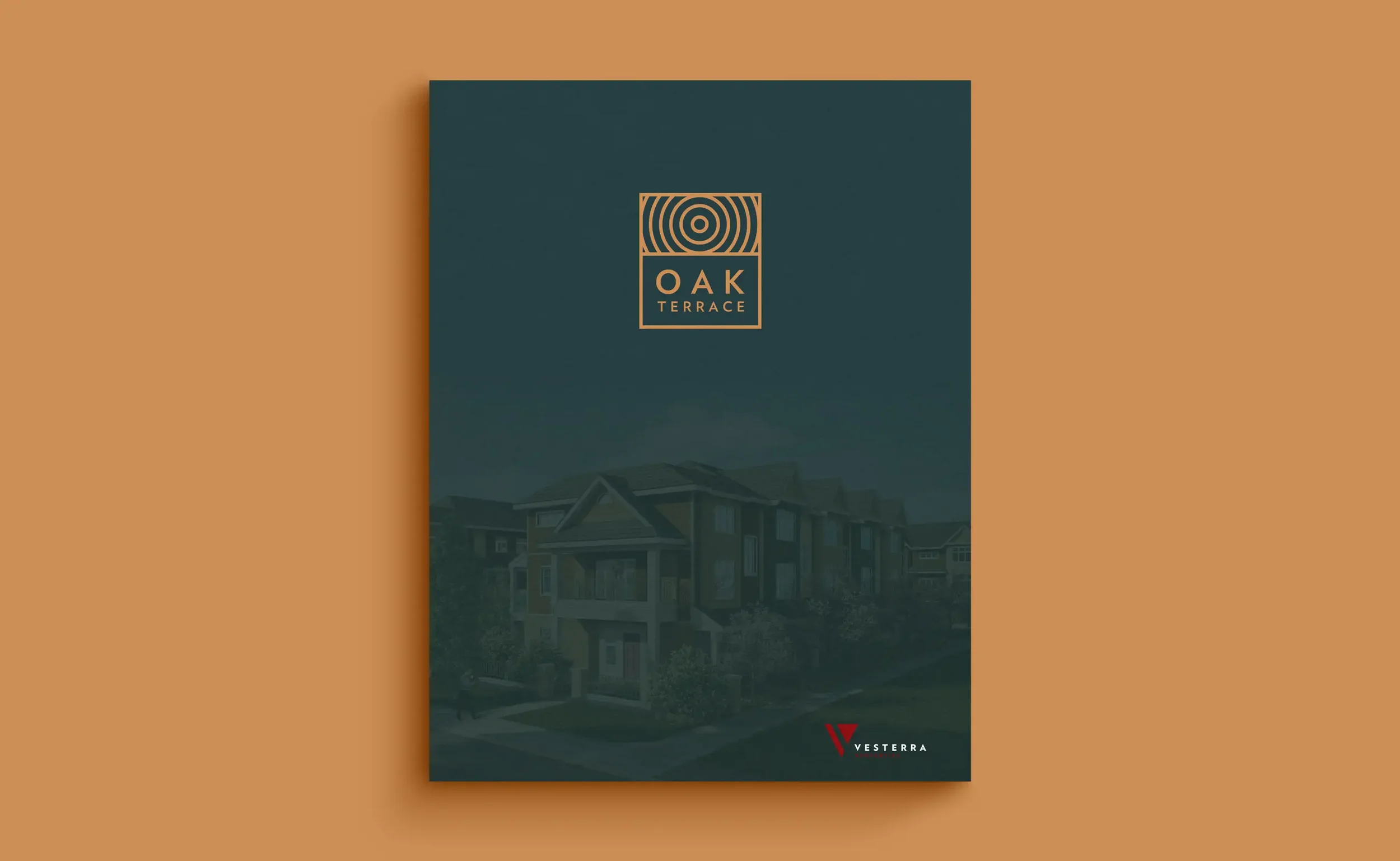 Brochure cover for Oak Terrace which has a watermark of the exterior rendering on the front and a Vesterra Properties logo on it