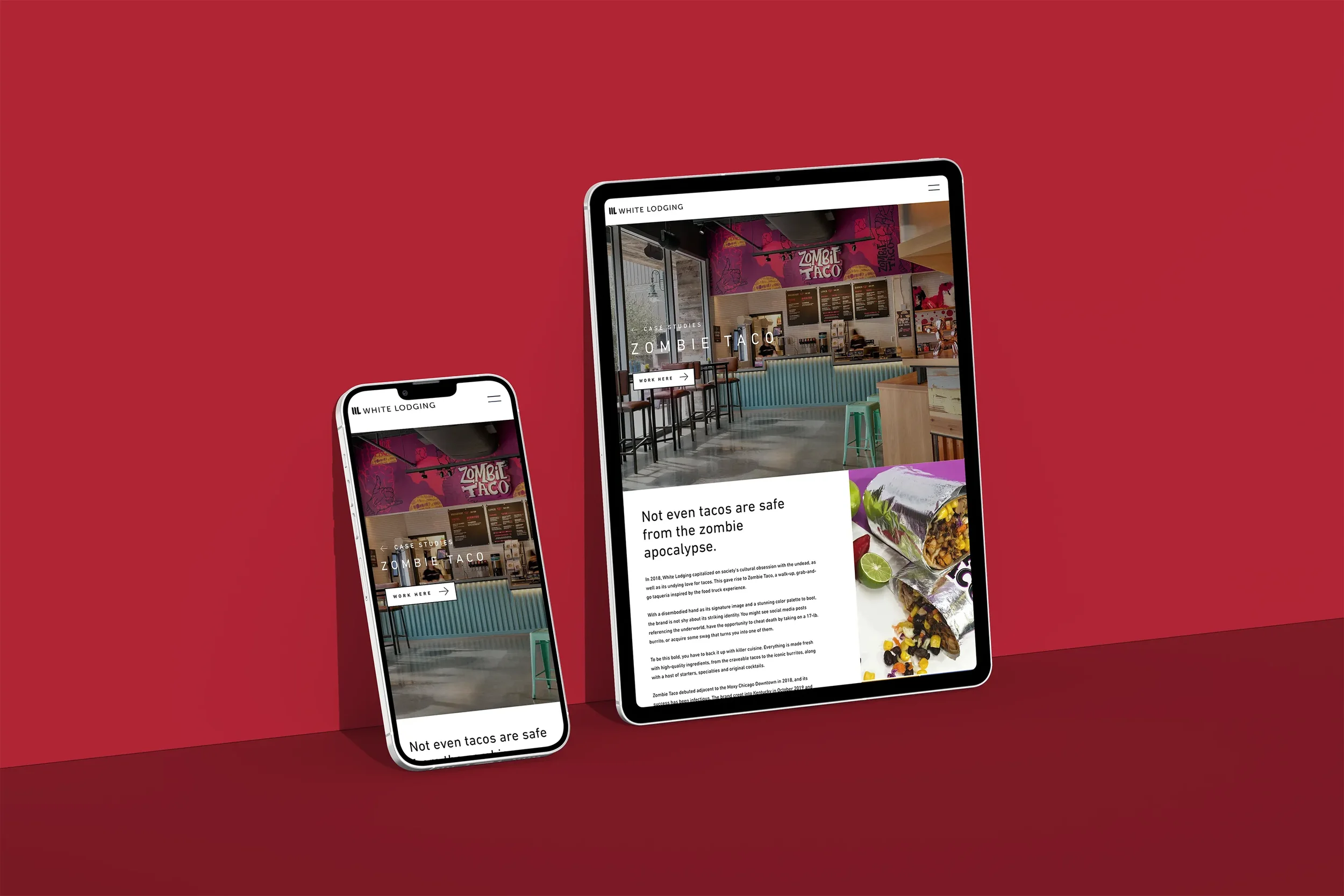 Responsive website design showing a case study of Zombie Taco set against a red backdrop