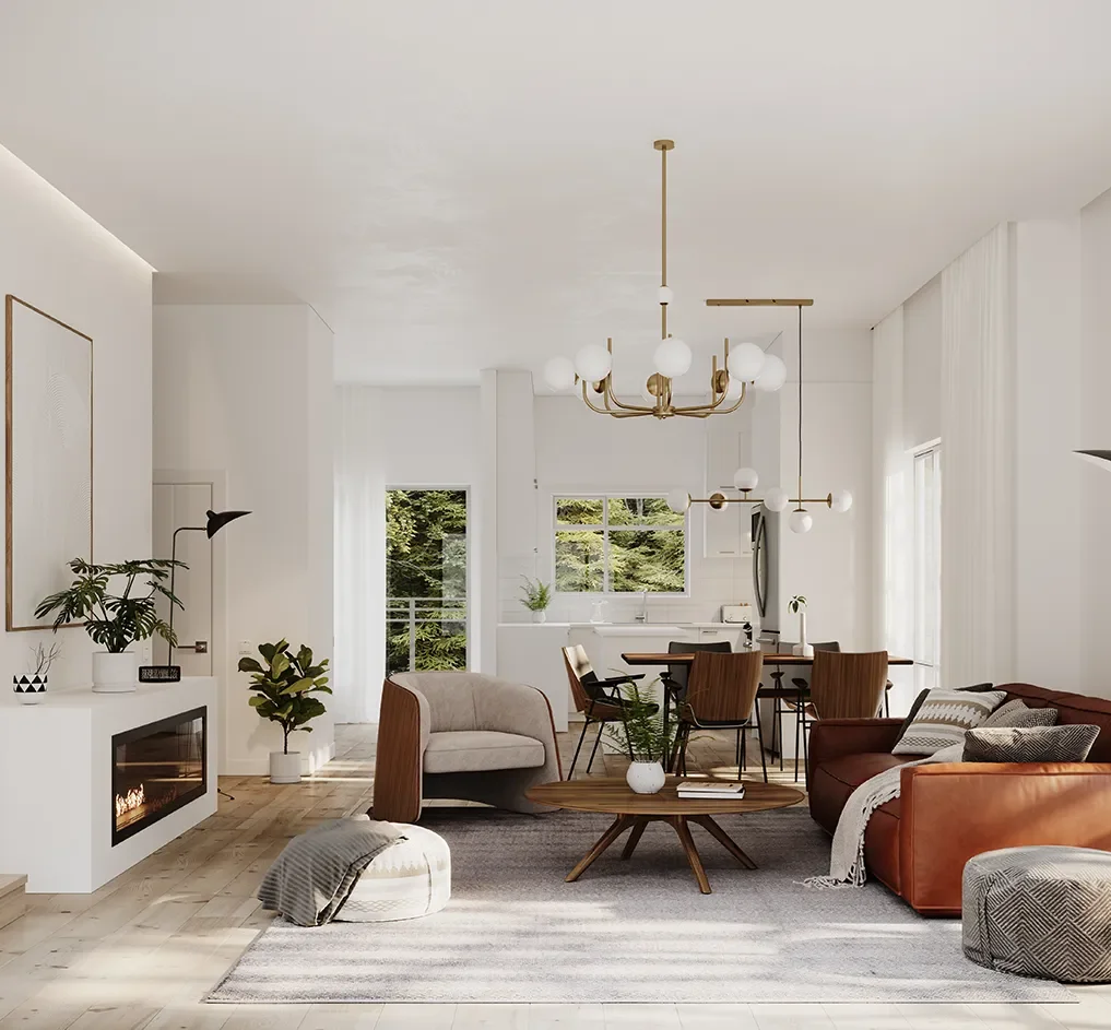 Interior rendering of townhome showing a living and dining room with a gas fire