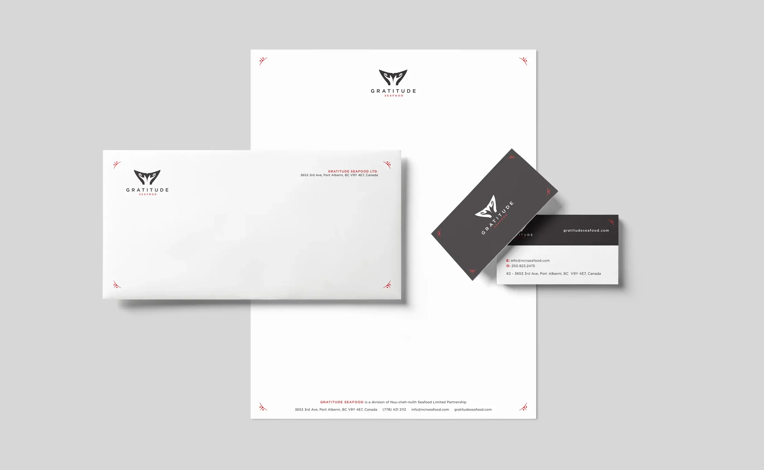 Gratitude Seafood branded letterhead, envelope, and business cards