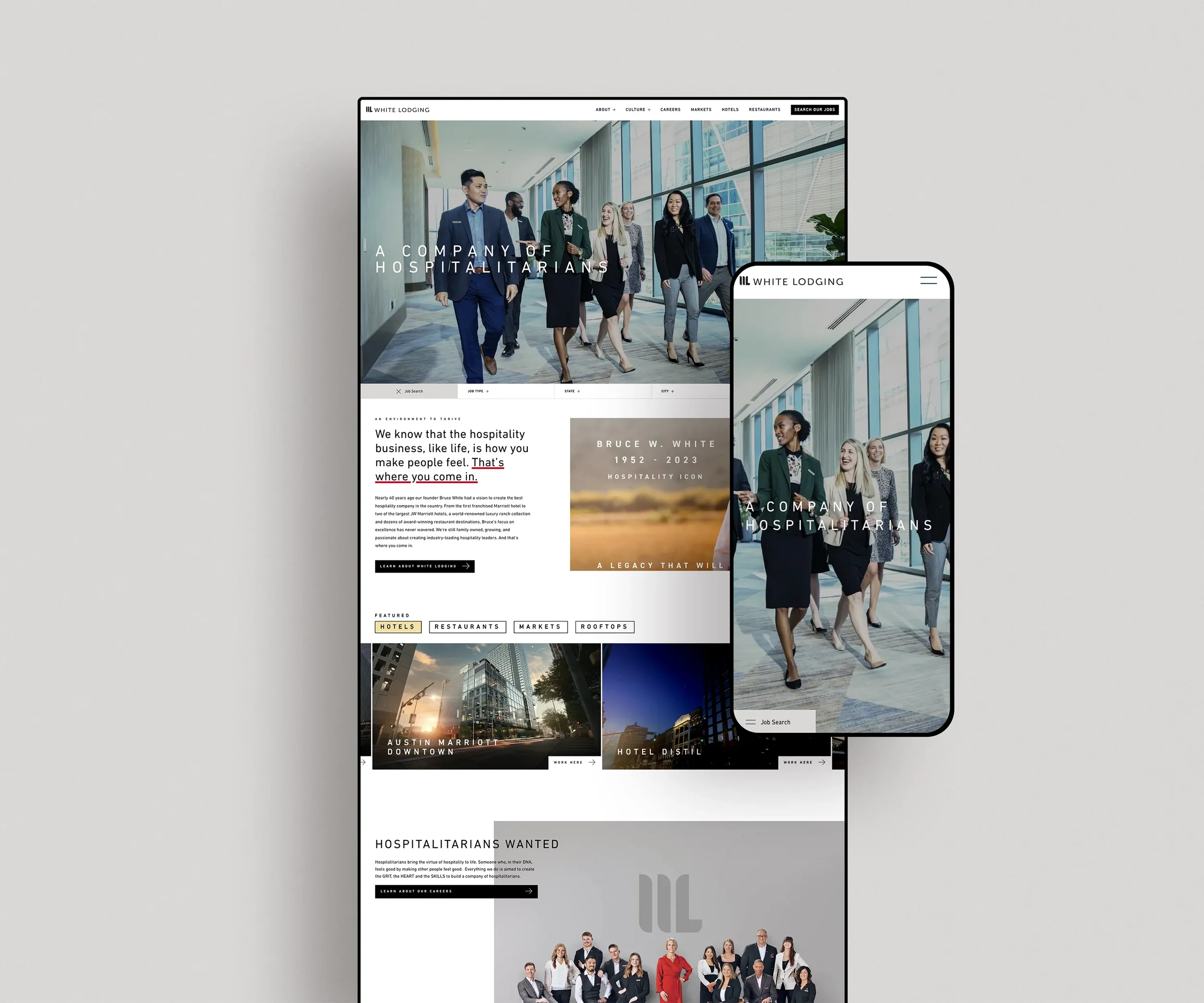 Screenshot of a website on a computer and smartphone featuring a group of professionally dressed people walking in a modern building's interior with large windows.