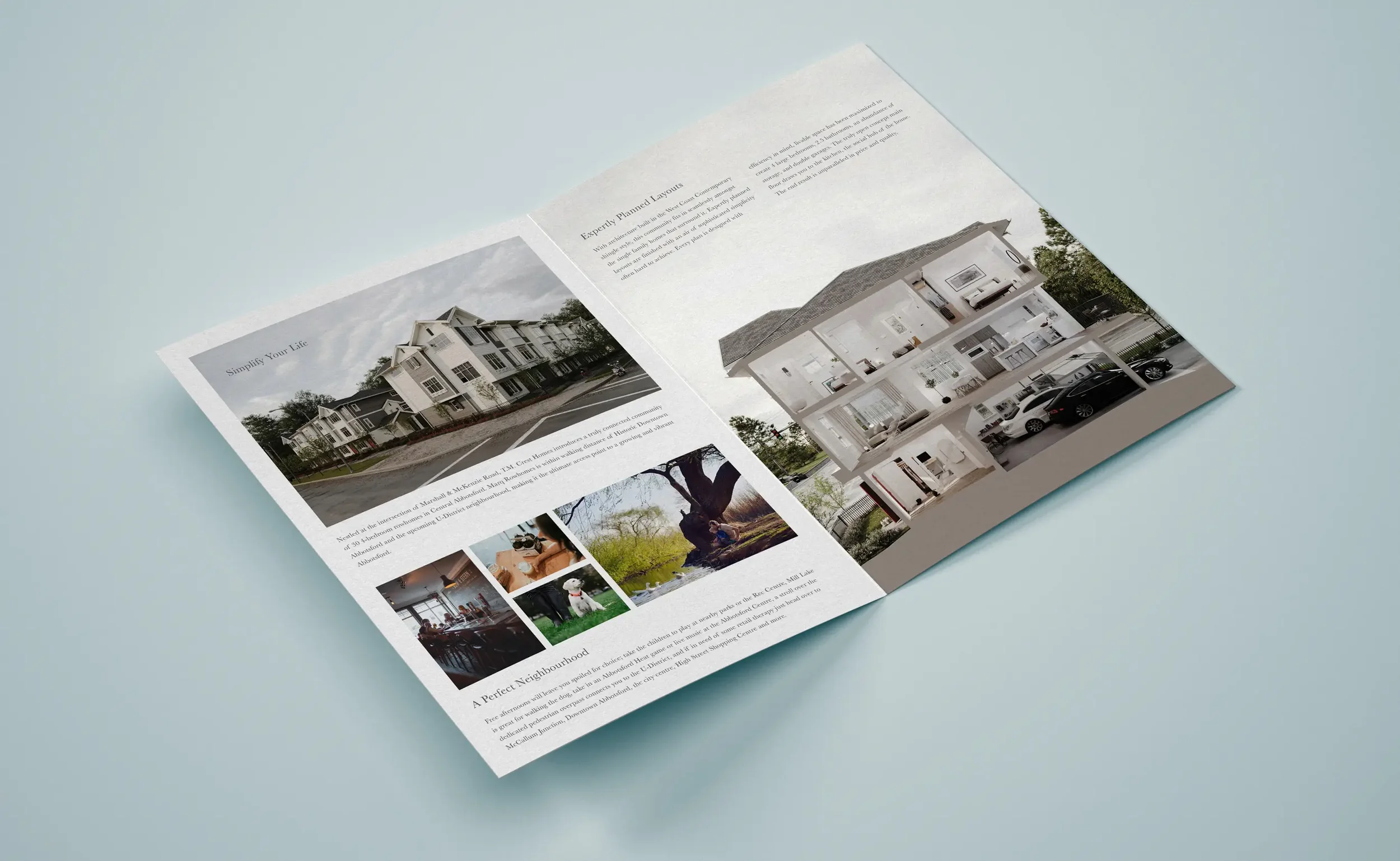 Inside spread of flyer with a montage of lifestyle images and renderings showing Marq rowhomes and the title "Simplify your life"