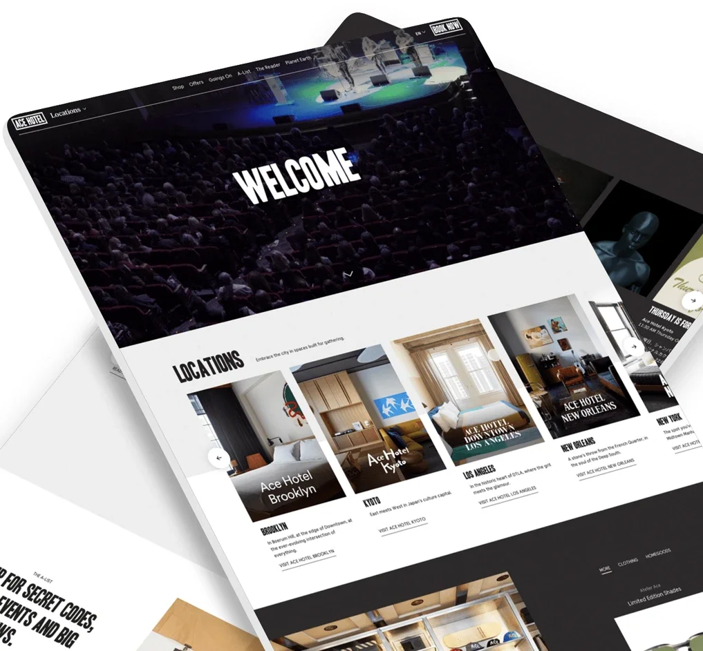 Isometric design showing an energetic homepage design for Ace Hotel