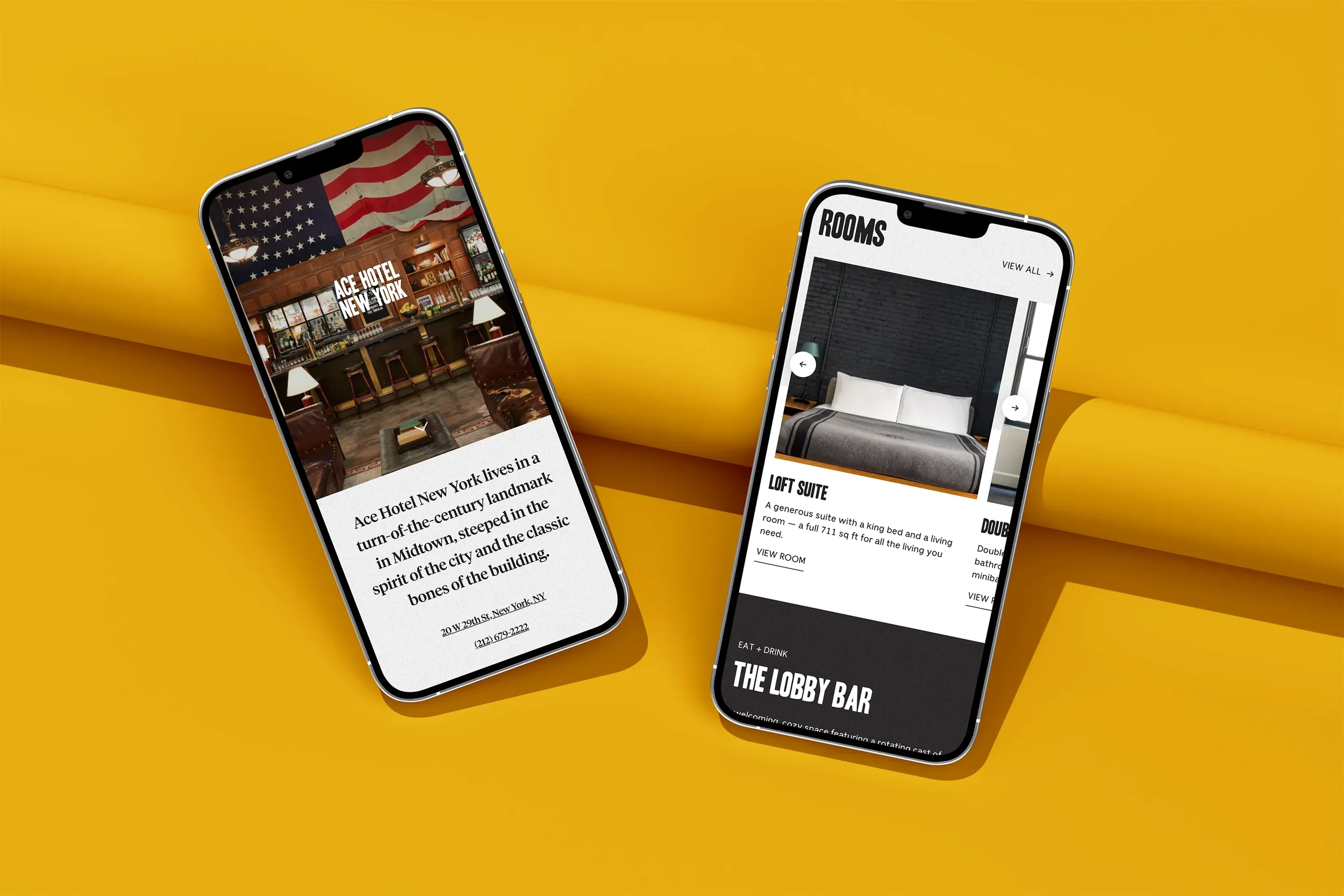 Mobile website design shown on 2 iPhones highlighting Ace Hotel New York