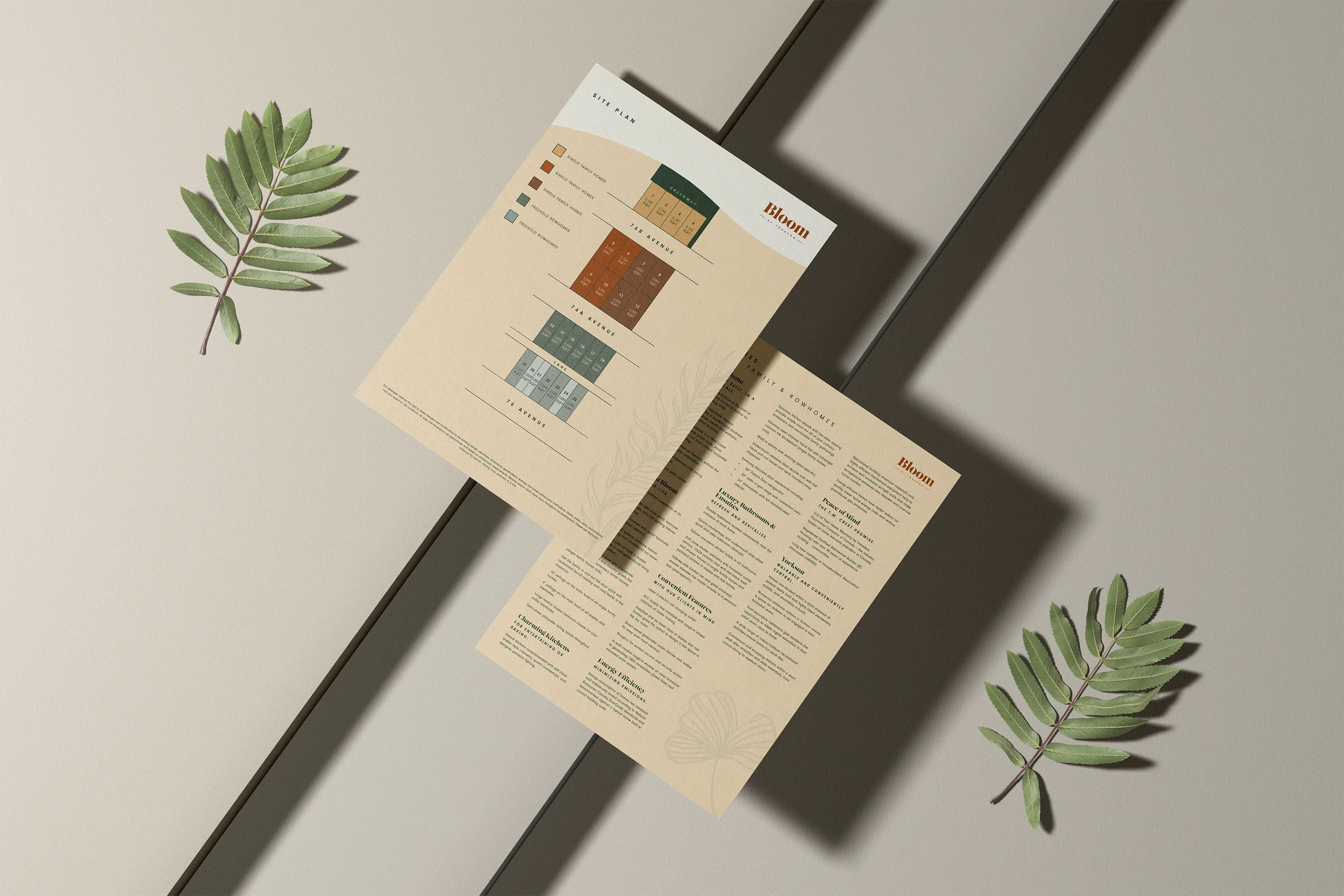 Presentation folder inserts showing site map and feature list.