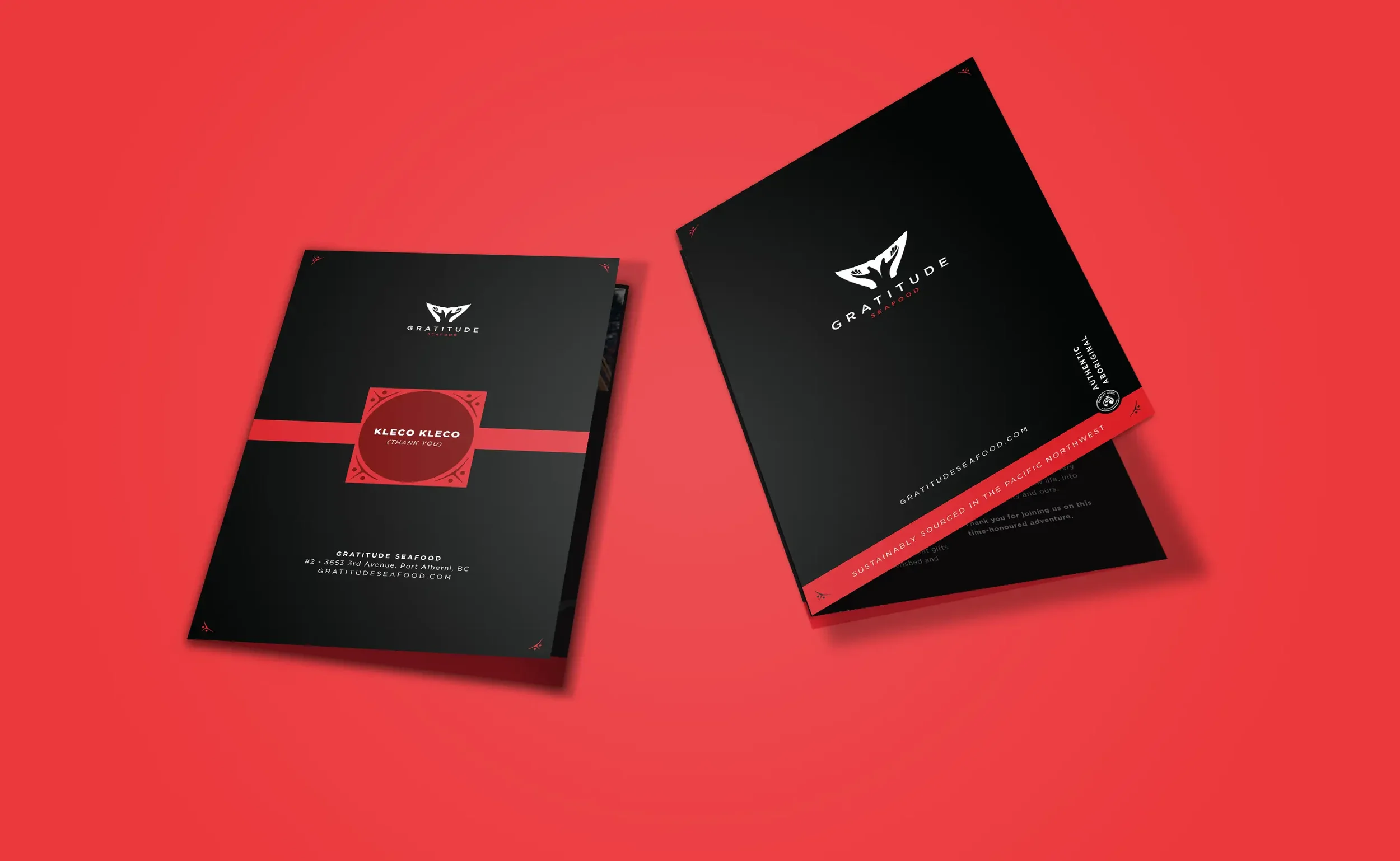 Front and back of a Gratitude Seafood Z fold direct mailer on a red background. The back includes a thank you message in an Indigenous language; Kleco Kleco