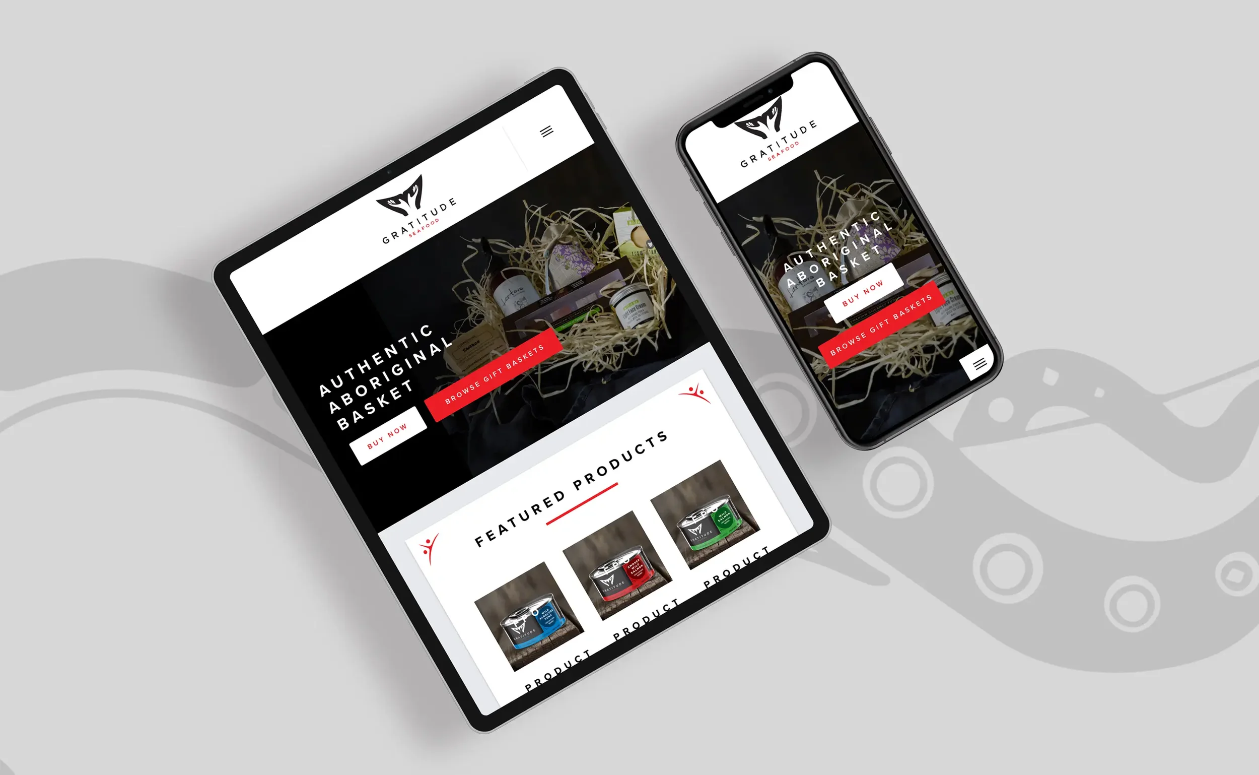 Responsive Gratitude Seafood website promoting gift baskets shown on iPad and iPhone