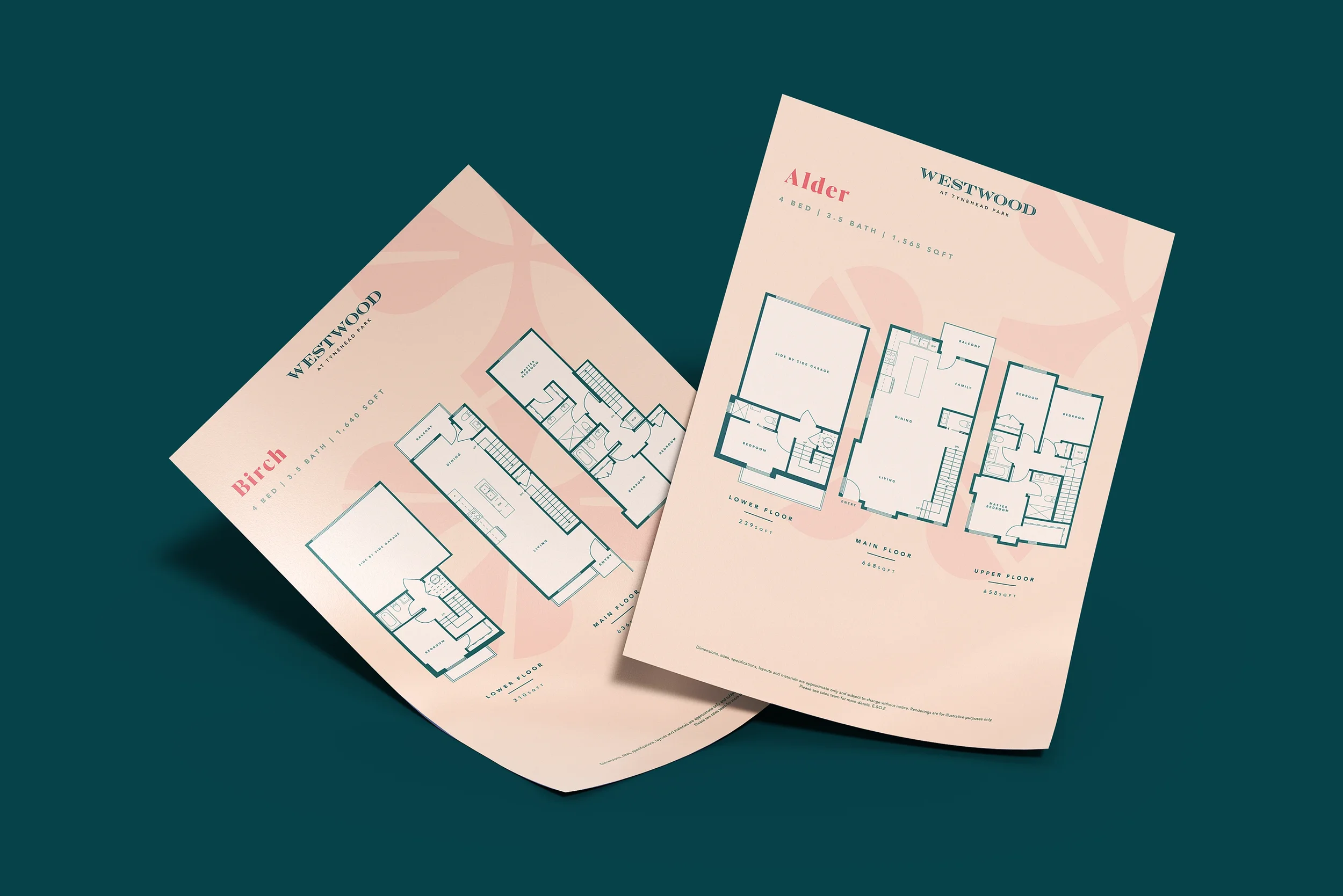 Two floor plan prints on a dark green background