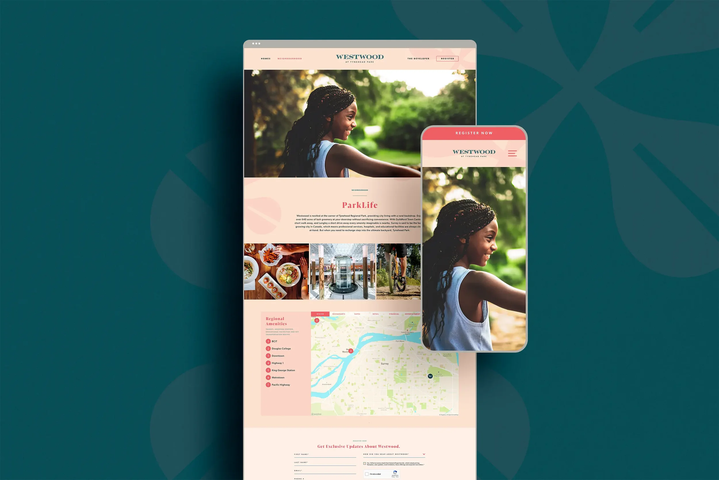 A clean responsive website design showing the amenities near Westwood at Tynehead Park with a header image showing a happy girl playing in a natural setting