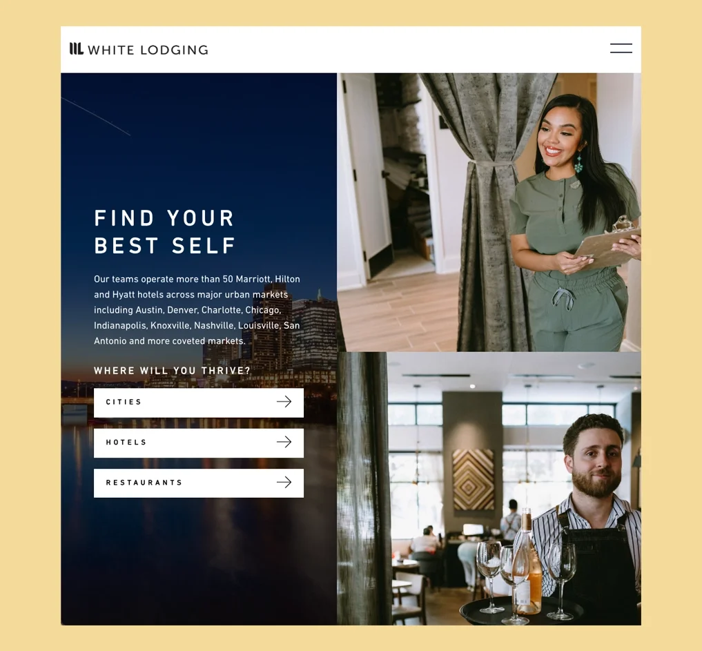 A portion of the White Lodging website promoting recruitment, giving you the option to search by city, hotel, or restaurant.