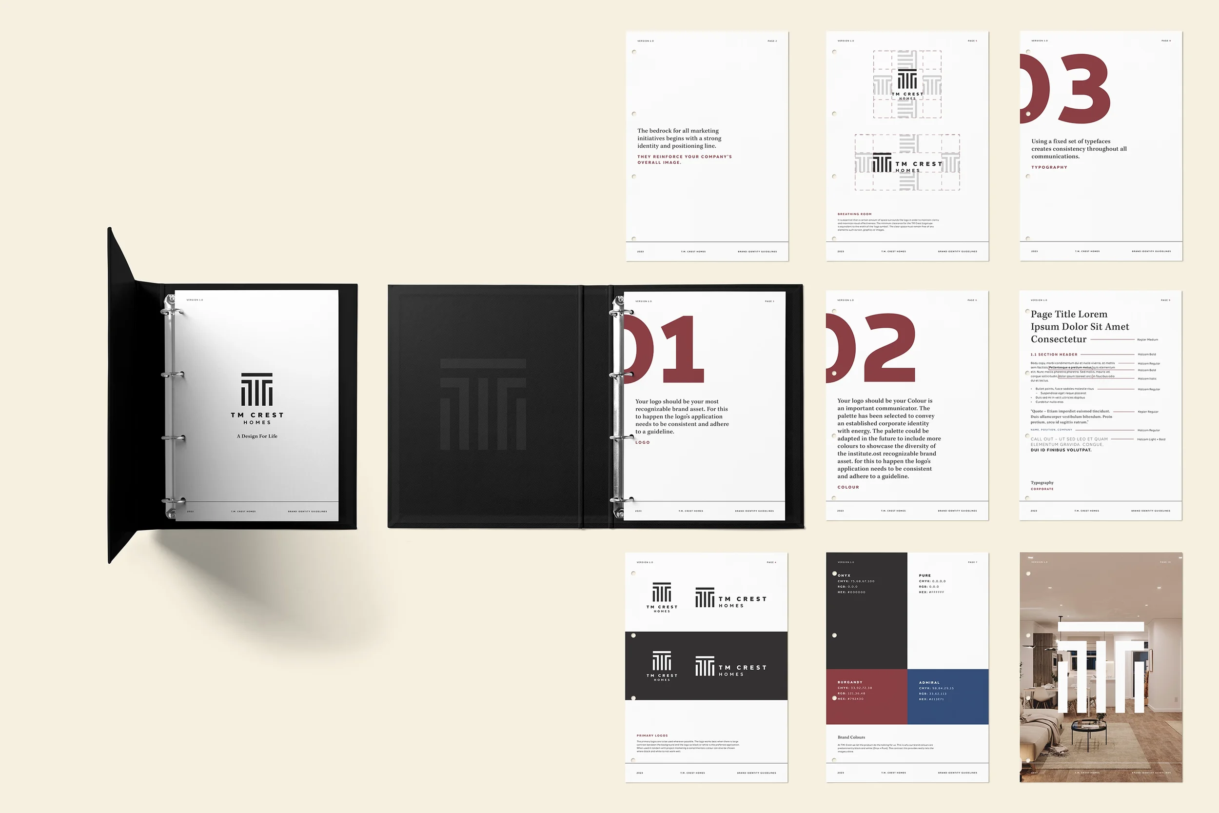 Branding and marketing materials for a company called TM Crest Homes, including a binder, logo examples, color palette, typography, and interior design image.