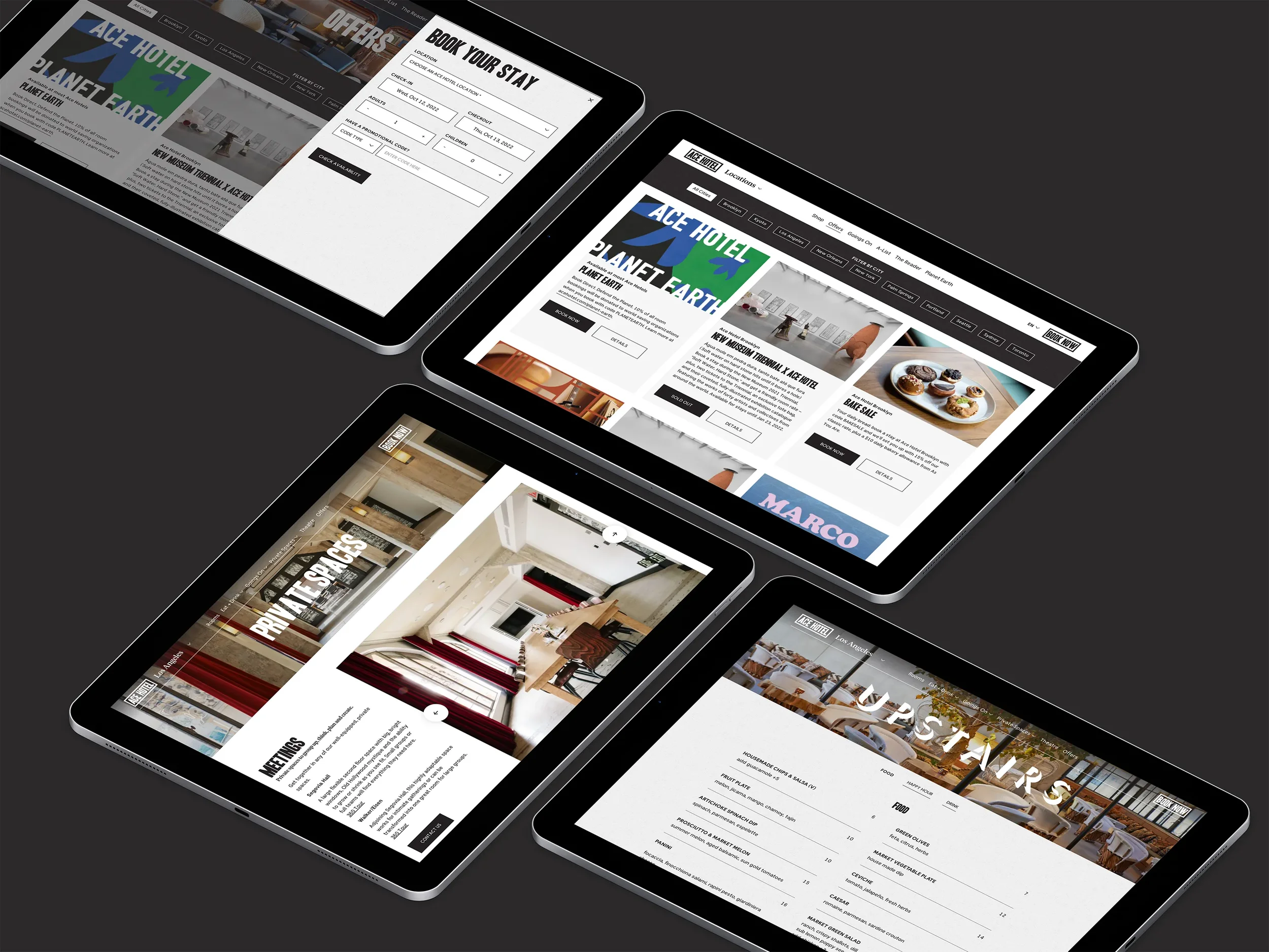 a montage of website designs for Ace Hotel shown on 4 iPads