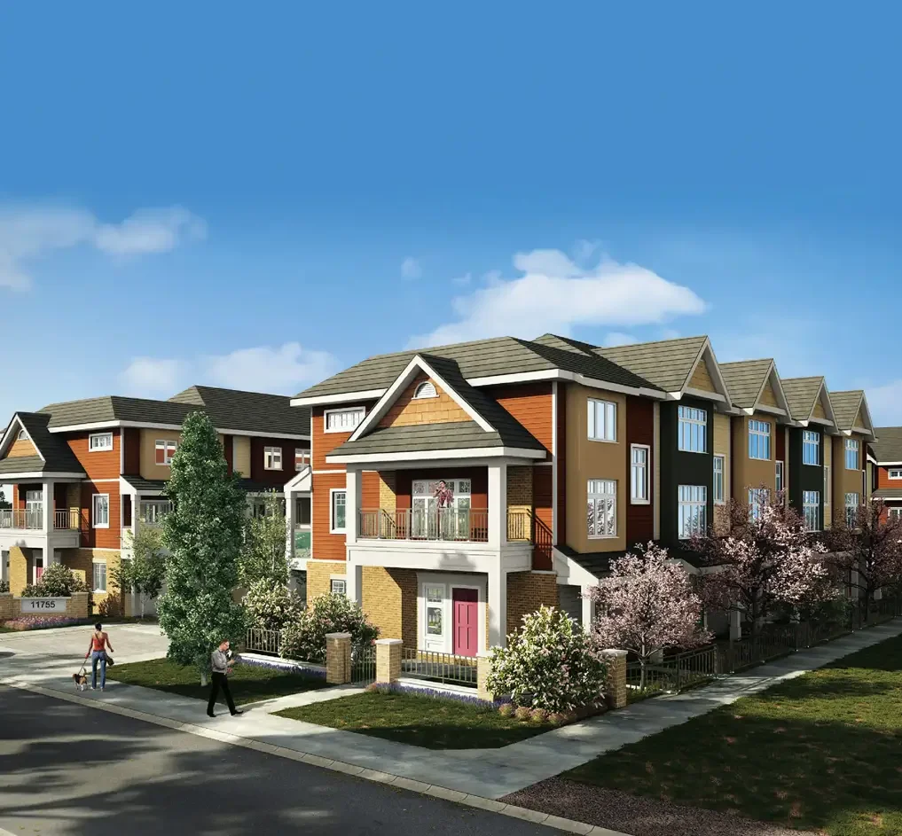 Exterior rendering at an angle shpwing the style of Oak Terrace homes with people walking by