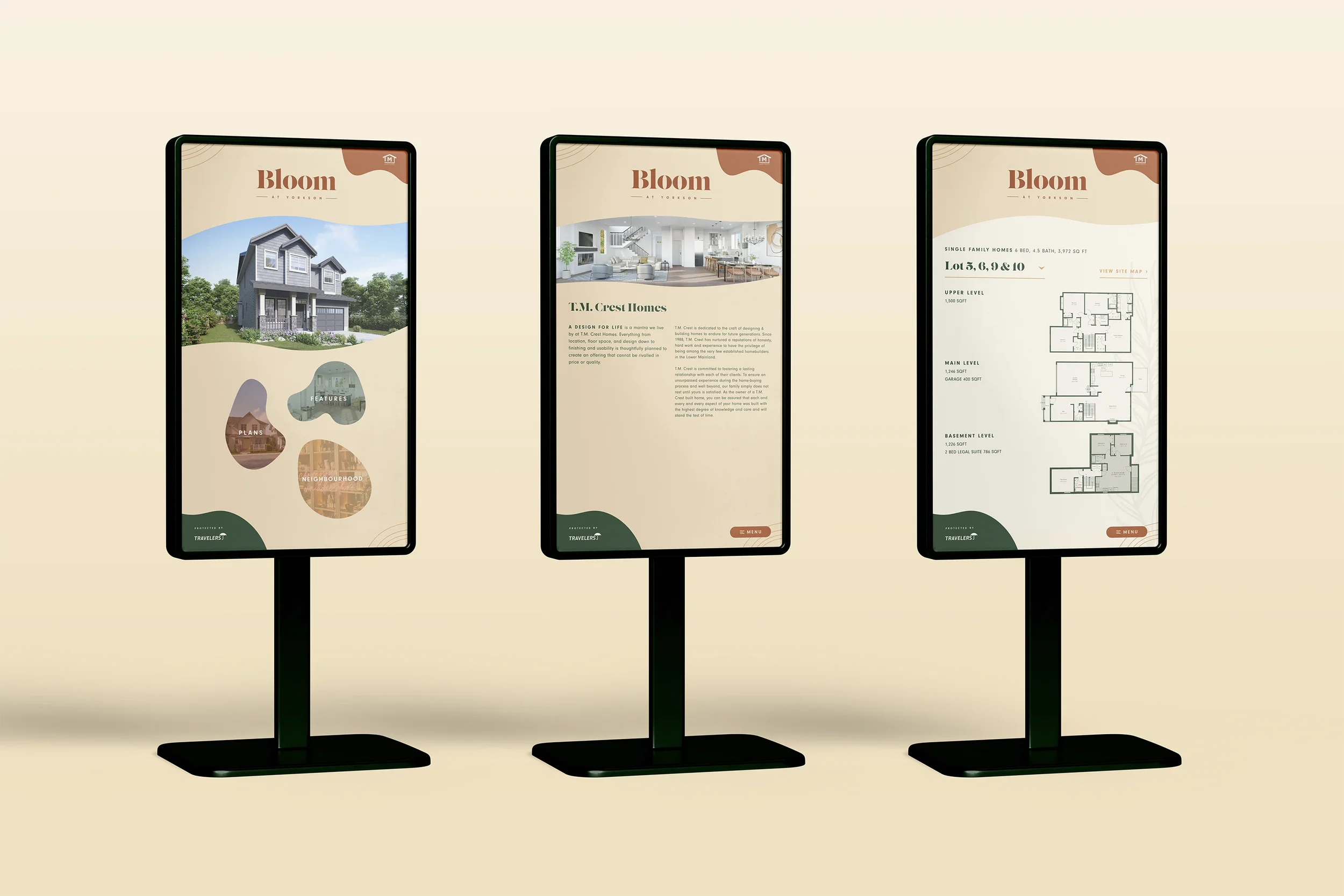 An interactive touchscreen experience that shows information about the developer, T.M. Crest Homes and an example floor plan