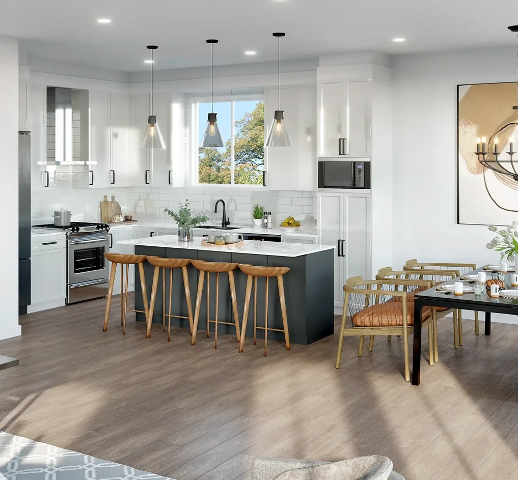 Interior rendering showing the kitchen and part of the dining room, well lit by natural light.